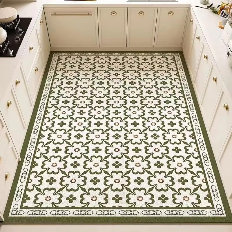 Grand tapis antidérapant cuisine et salle de bain fleurs vertes