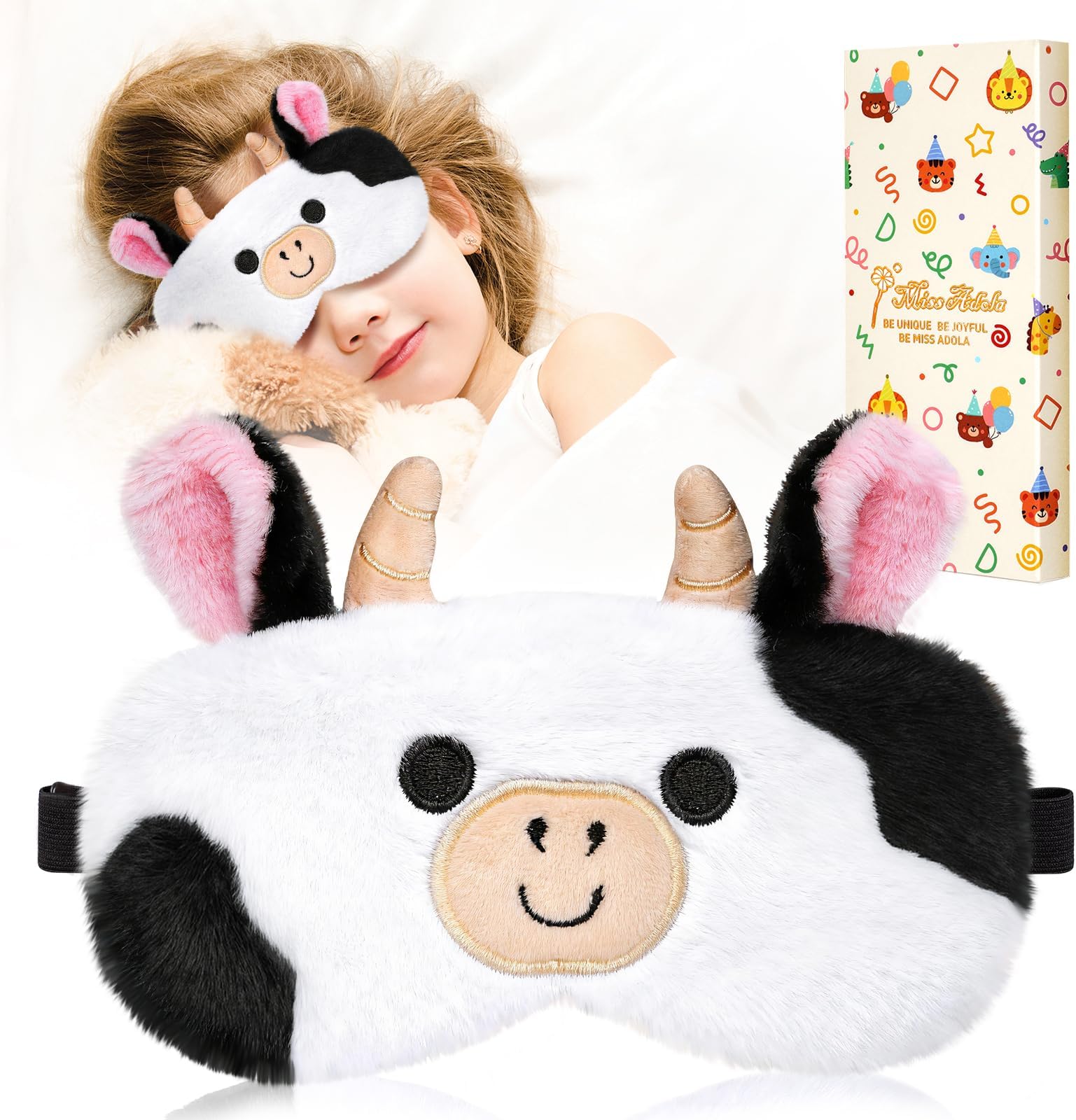 Miss Adola Sleep Mask for Kids - Valentines Gift for Kids Cute Plush Fuffy Sleeping Eye Cover Kawaii Soft Eyeshade Animal Eye Blindfold for Girls Boys Teens with Adjustable Strap, Cow