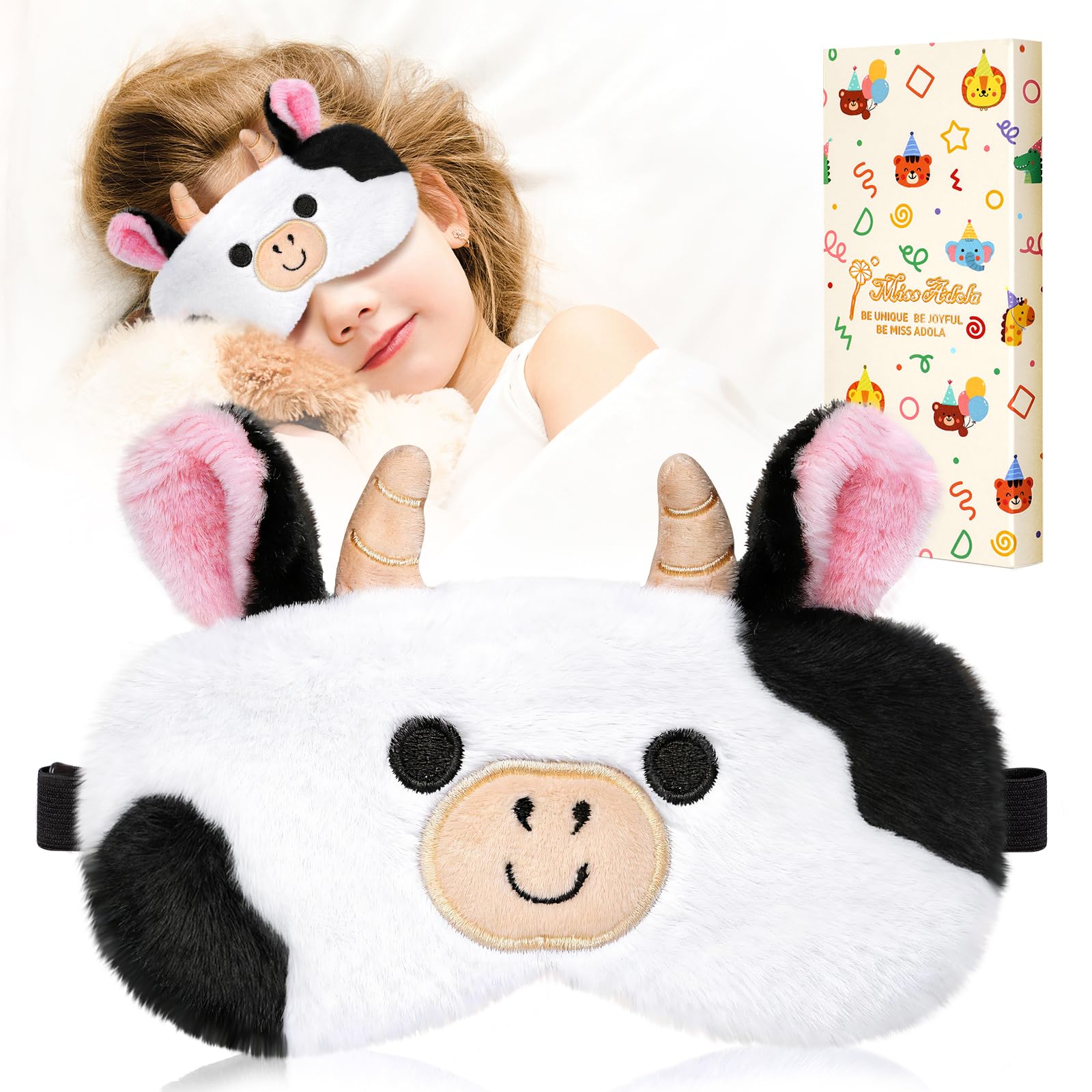 Sleep Mask for Kids - Valentines Gift for Kids Cute Plush Fuffy Sleeping Eye Cover Kawaii Soft Eyeshade Animal Eye Blindfold for Girls Boys Teens with Adjustable Strap, Cow