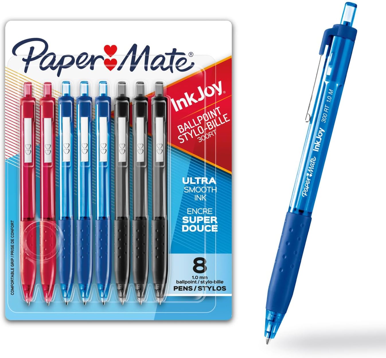 Paper Mate InkJoy 300RT Ballpoint Pens | Medium Point | Assorted | 8 Count | Retractable Pen (1.0 mm) | Red, Blue, and Black Ink Colours
