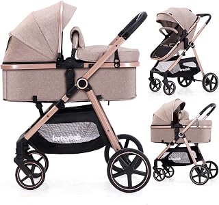 Lortsybab 2-in-1 Folding Baby Stroller with Reversible Seat - Newborn Pram for 0-36 Months, Linen Beige