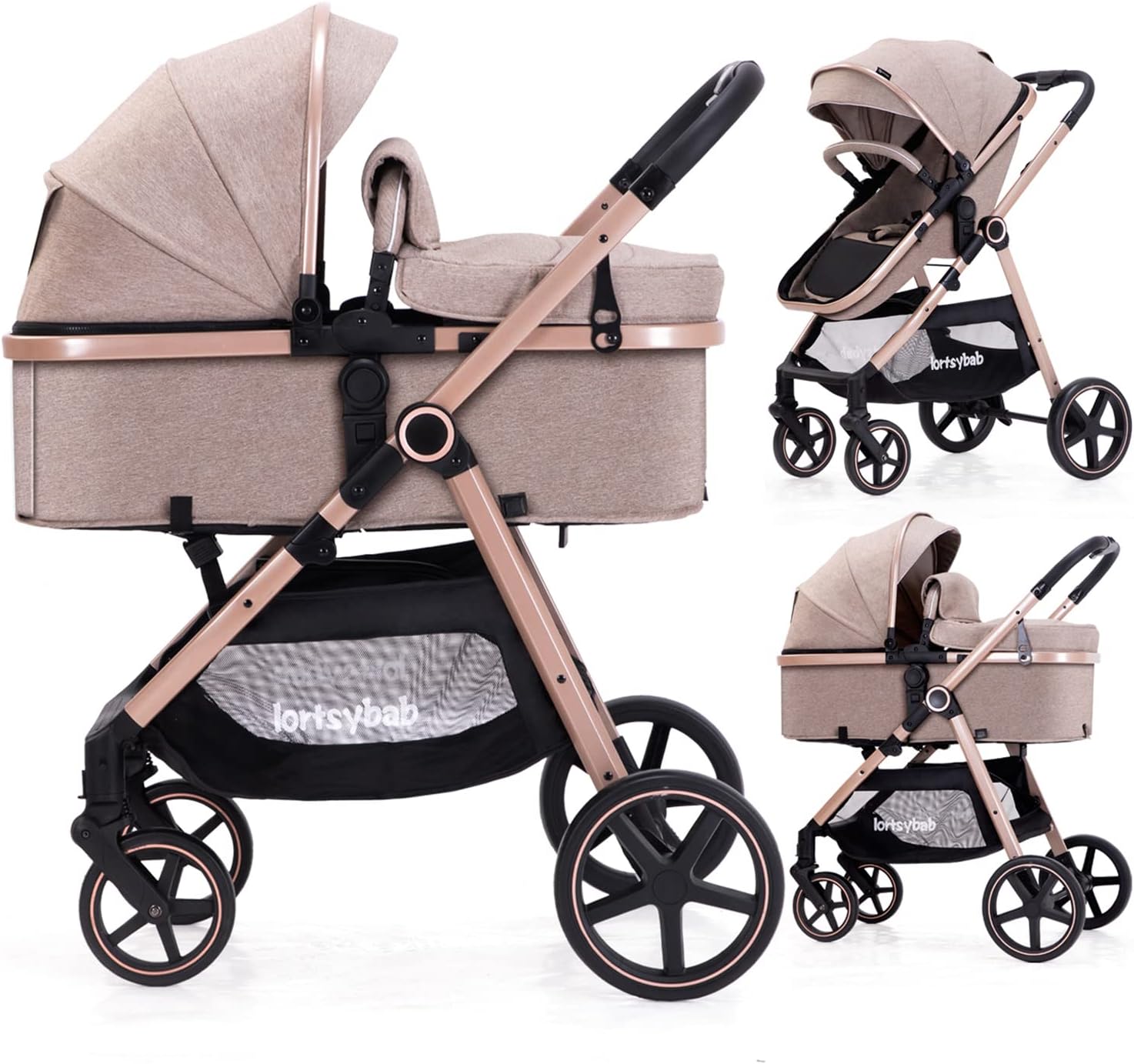 Lortsybab 2-in-1 Baby Stroller - Folding Infant Newborn Pram Stroller with Reversible Seat - Toddler Strollers for 0-36 Months Old Babies (Beige)