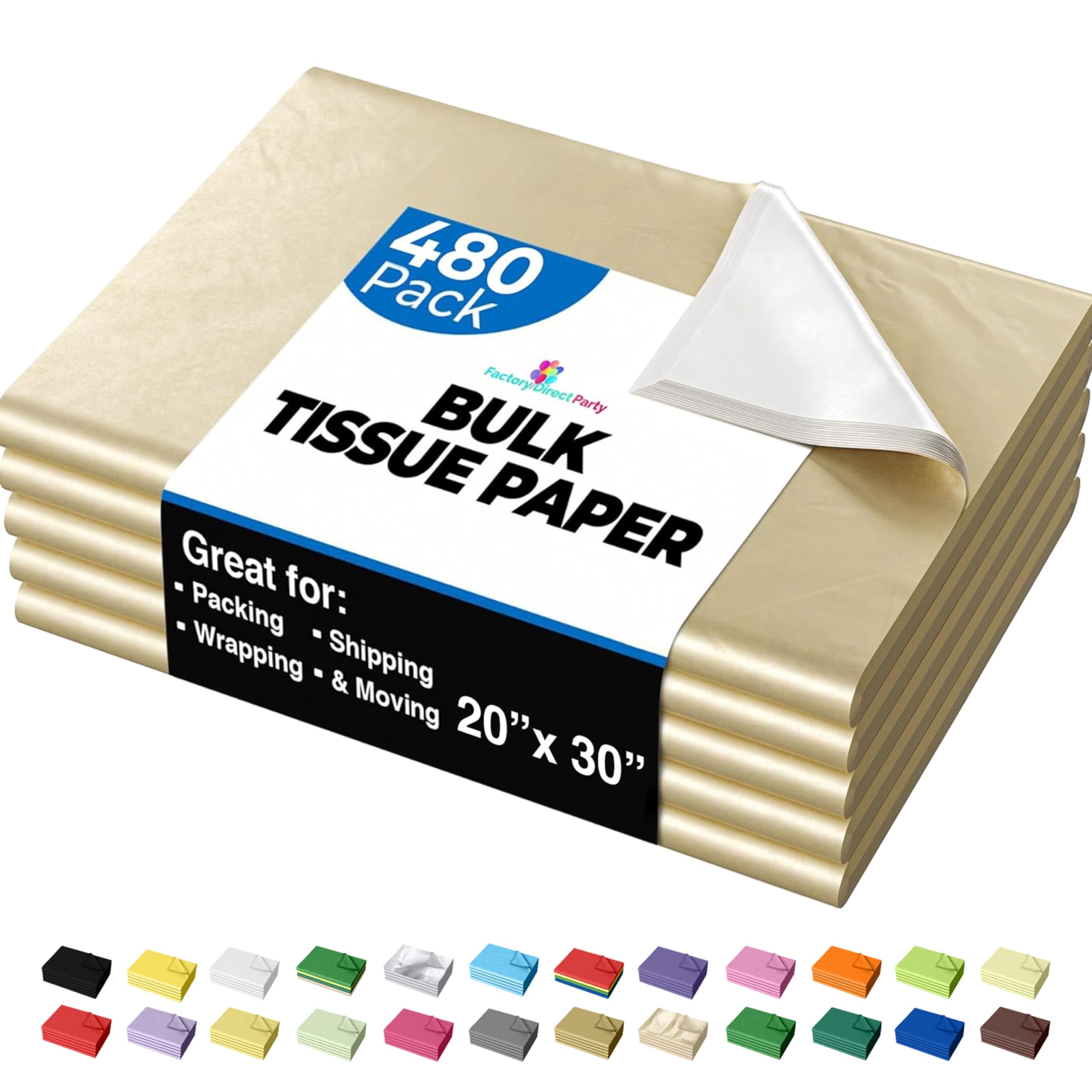 Party Solids Gold Tissue Paper for Gift Bags - 20" X 30" Bulk Tissue Paper Gold 480 Sheets - 10lb Newsprint for Packing, Birthday Gift Box Filler,