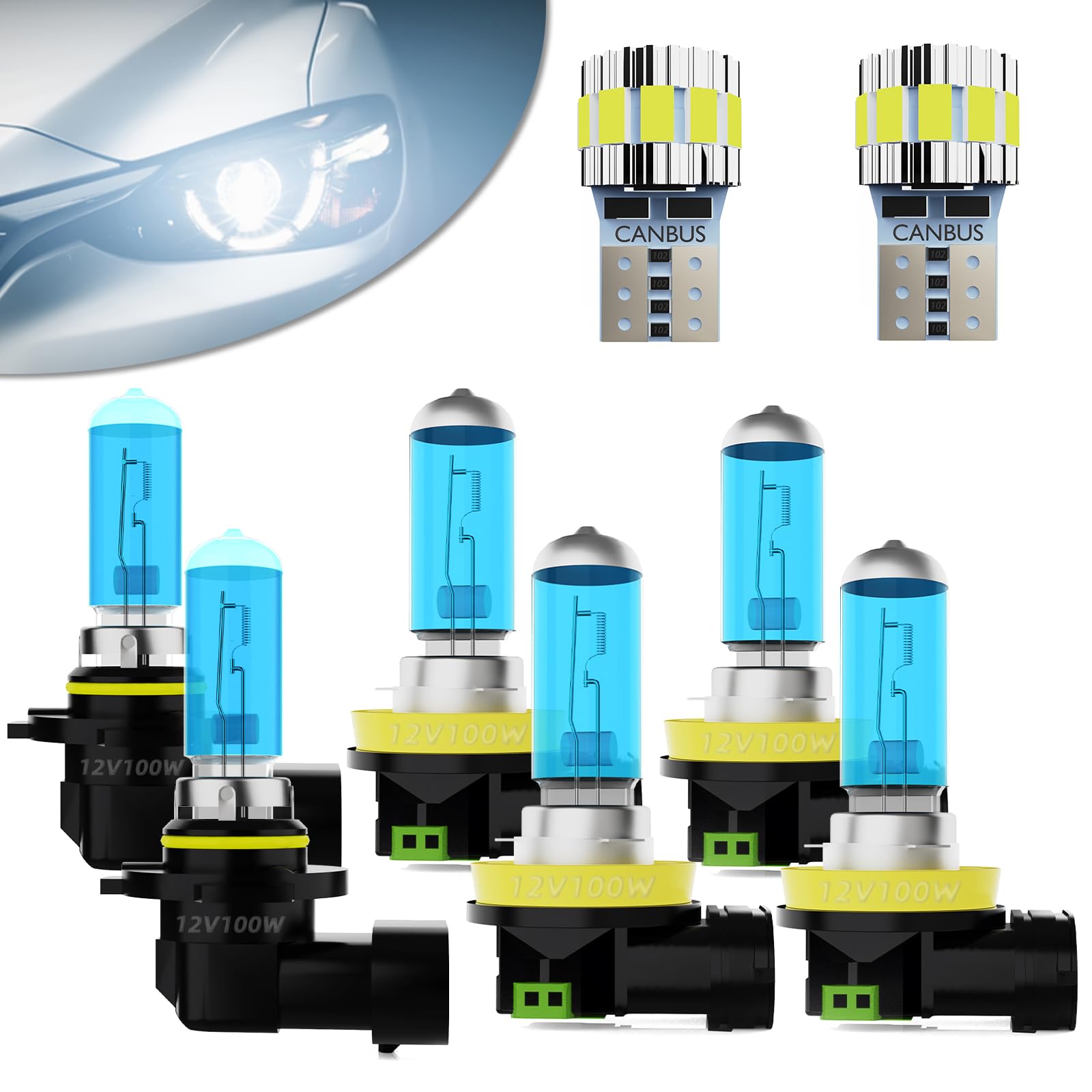 Headlight Bulbs Fit For Toyota 4Runner 2010-2013,9005 High Beam + H11 Low Beam + H11 Fog Lights Halogen Light Bulb + License Plate Light Combo,5500k White,Plug-N-Play,Pack of 8