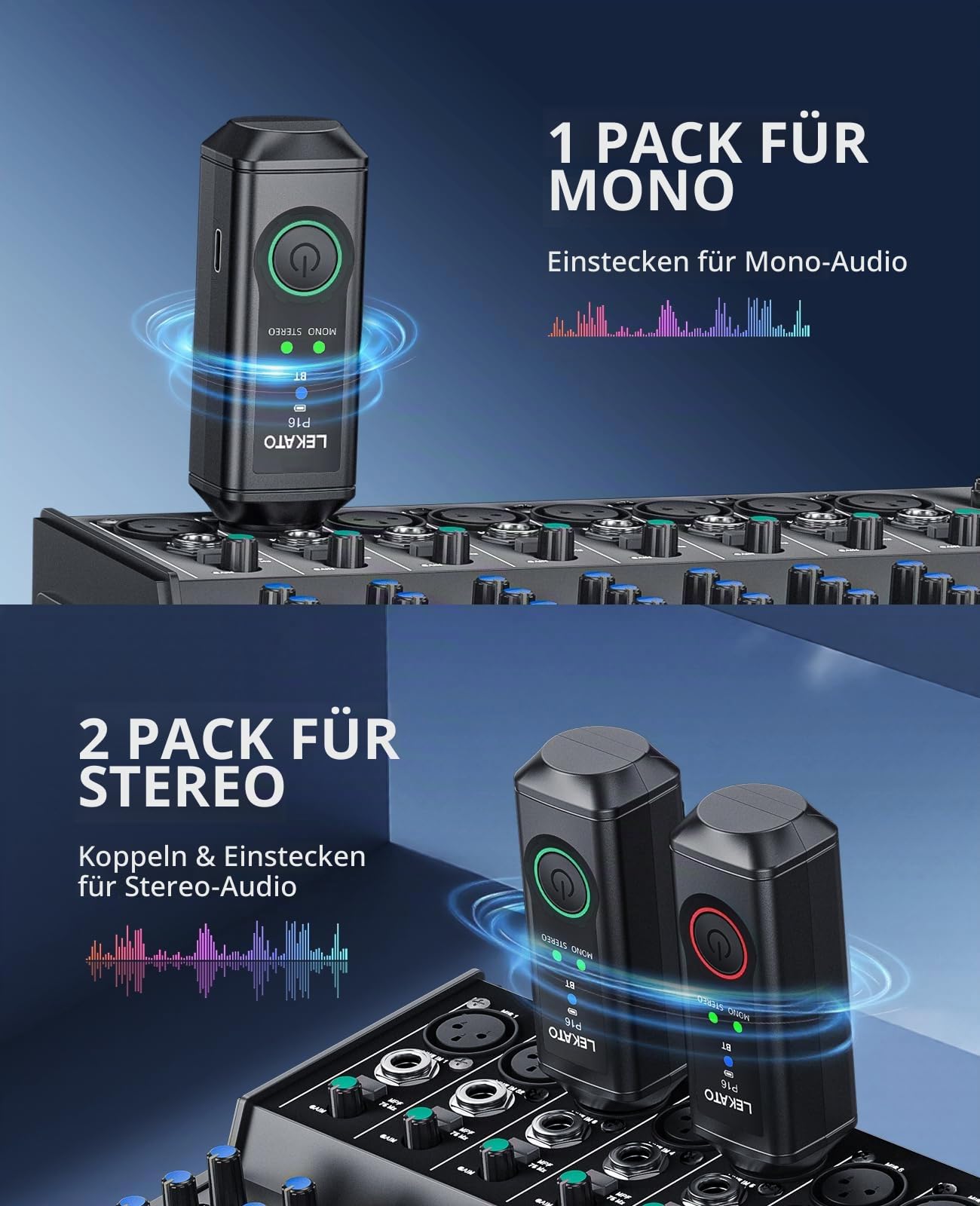LEKATO P16 Bluetooth XLR Empfänger, 2 Hi-Fi Empfänger mit 50 m Reichweite, Stereo Funk-Audioempfänger mit 15H Akkulaufzeit, Mono/Stereo-Modus, Bluetooth-Adapter für PA, DJ und Mixer