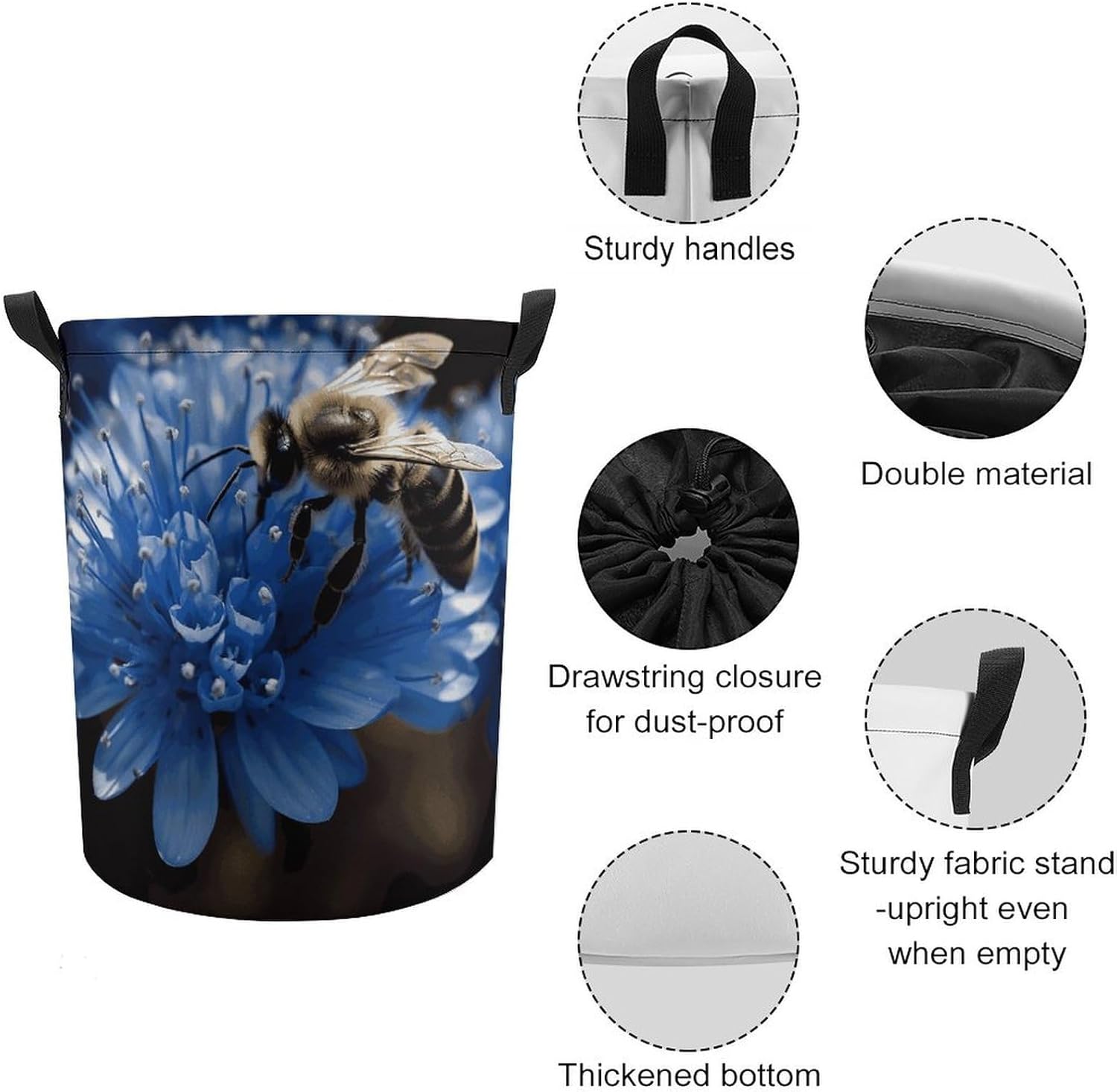 Blue Flower Bee Laundry Basket Collapsible Clothes Hamper with Reinforced Handles Large Capacity Waterproof Laundry Bag Freestanding Laundry Hamper for Bedroom Bathroom