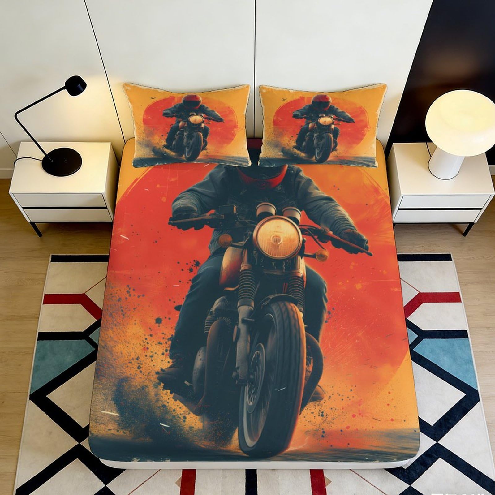 K1r3d9e5 Style-9 3D Printed Motorcycle Rider Fitted Sheet Microfiber Orange Fire Bed Cover For Bedroom Dorm Mattress Protection Decor 90X200x25cm