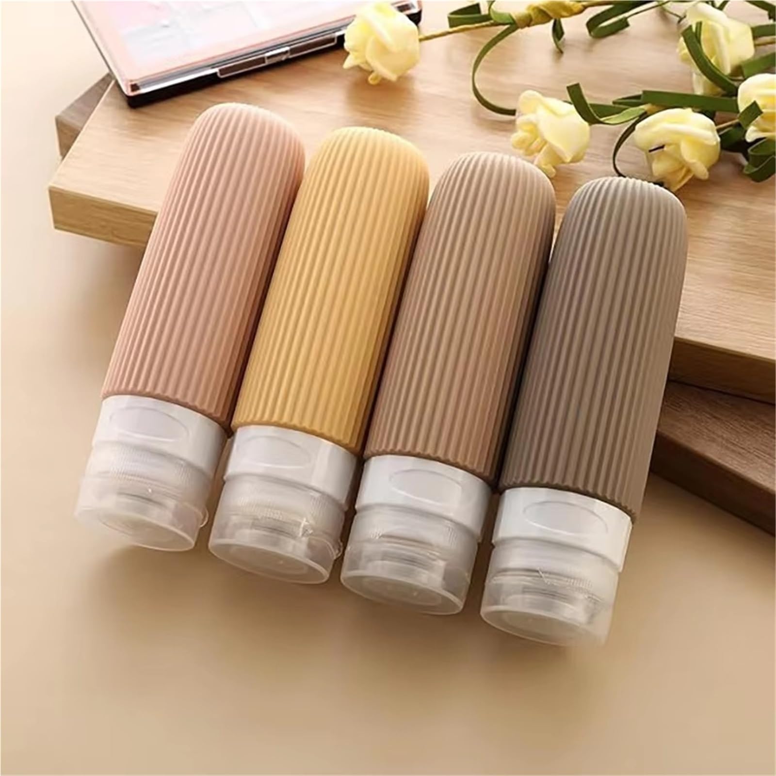 1 set di bottiglie da viaggio in silicone 90 ml Per Shampoo, Lozione | Borsa da toilette trasparente contenitore portatile a prova di perdite(Apricot)