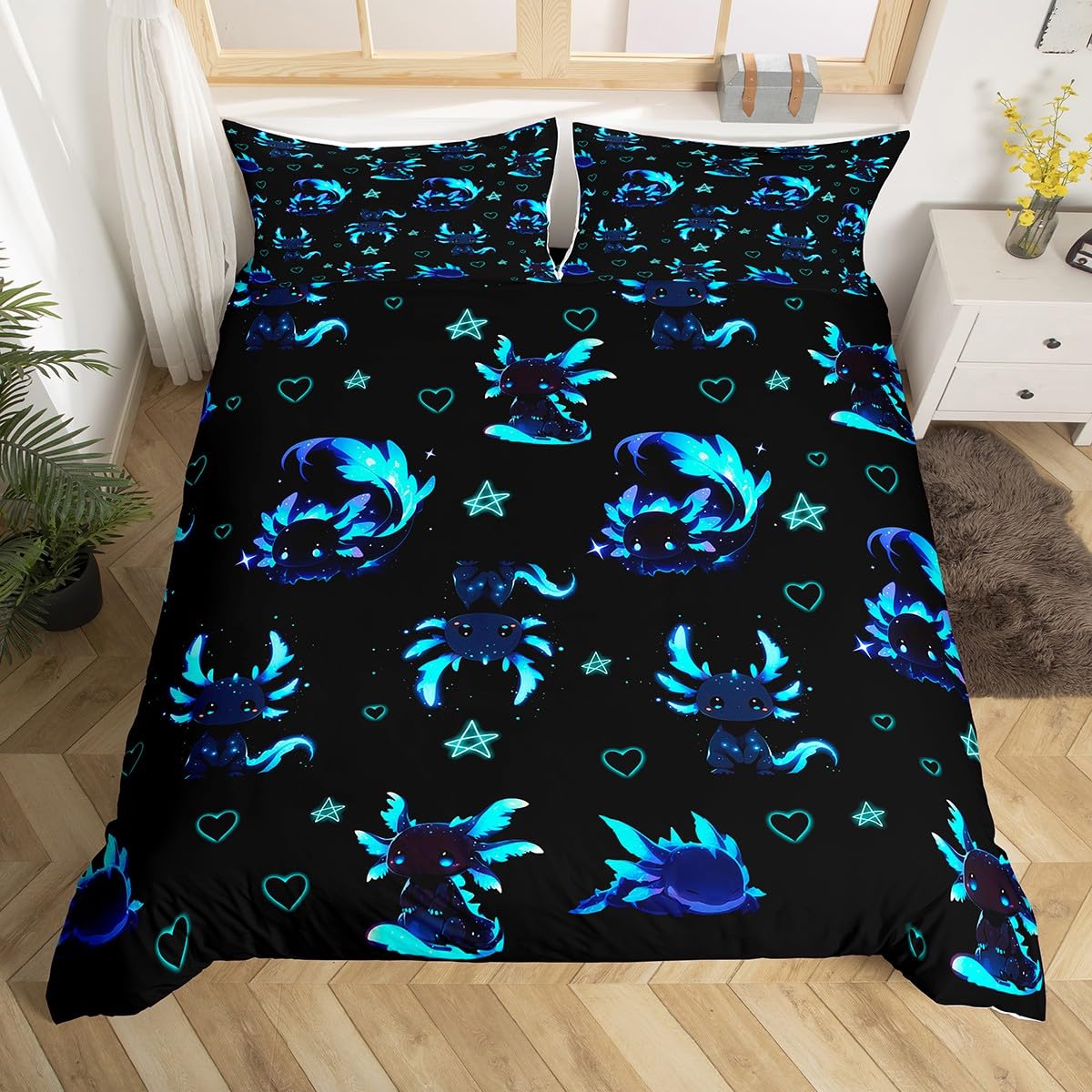 Homemissing Blue Axolotl Duvet Cover Set Single Size Cute Salamander Duvet Cover for Boys Girls Kawaii Ocean Sealife Bedding Set 2Pcs Love heart Room Decor — image 1