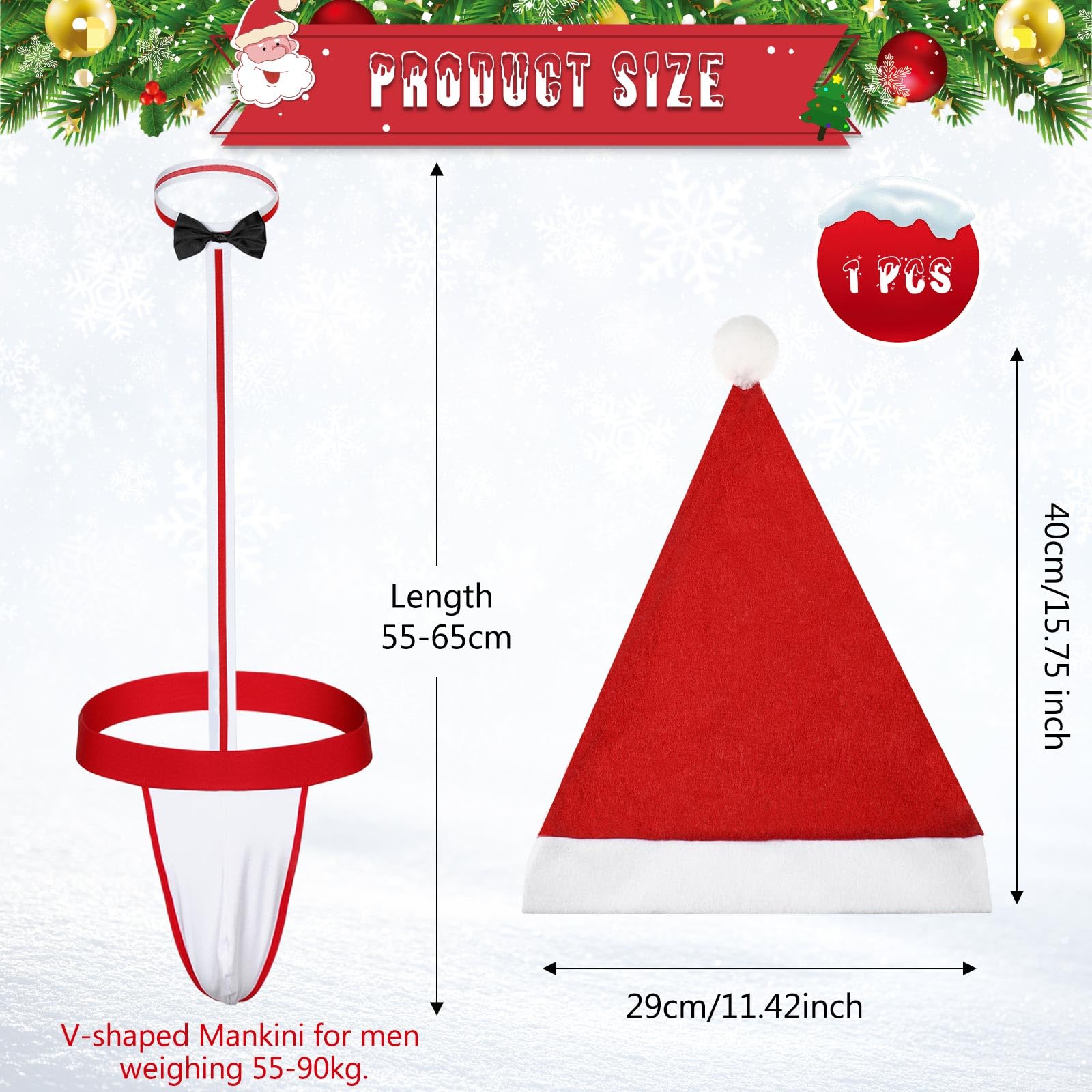 Hestya 2 Pcs Christmas Hat Set Adults Xmas Santa Bodysuit with Hat for Men Funny Christmas Outfits Costumes One Size(Red,Black Bow) - Image 2