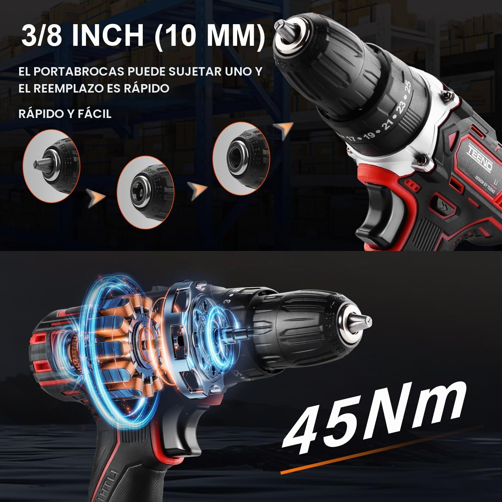 TEENO Taladro Atornillador Inalámbrico para Batería Makita de 21V 2 * 2,0 Ah Baterías, 45 Nm,25+3 Configuraciones de Par,Incluye 3 cepillos de limpieza,2 Velocidades, LED, 34 Accesorios y Maletín