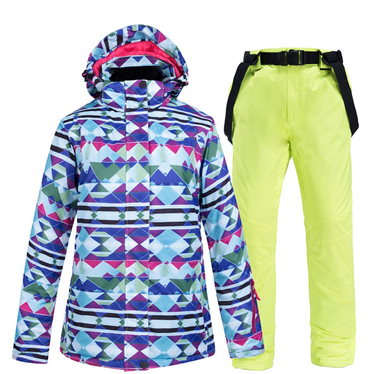 Women's Outdoor Mountain Colorful Ski Jacket Windproof Waterproof Snow Snowboard Coat with Ski Bib Pants Set L