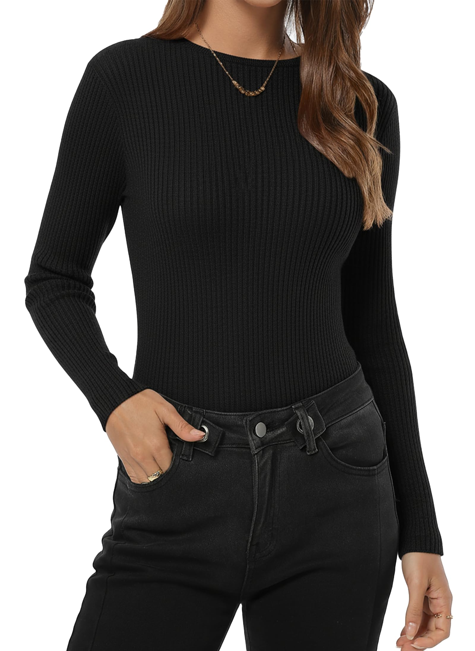 QUALFORT Womens Lightweight Ribbed Knit Sweater Fitted Long Sleeve Crewneck Soft Casual Basic Pullover Top
