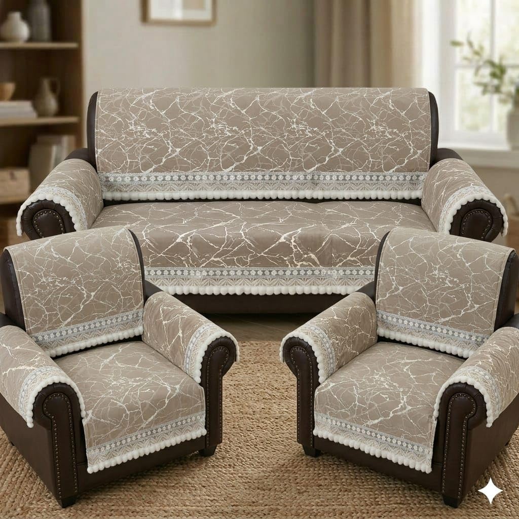 Marble Print Sofa Cover Set with Armrest and Back Cover, Soft Furniture Protector with Decorative Lace Border for Living Room Home Decor (Cream, 3+1+1)-image-21