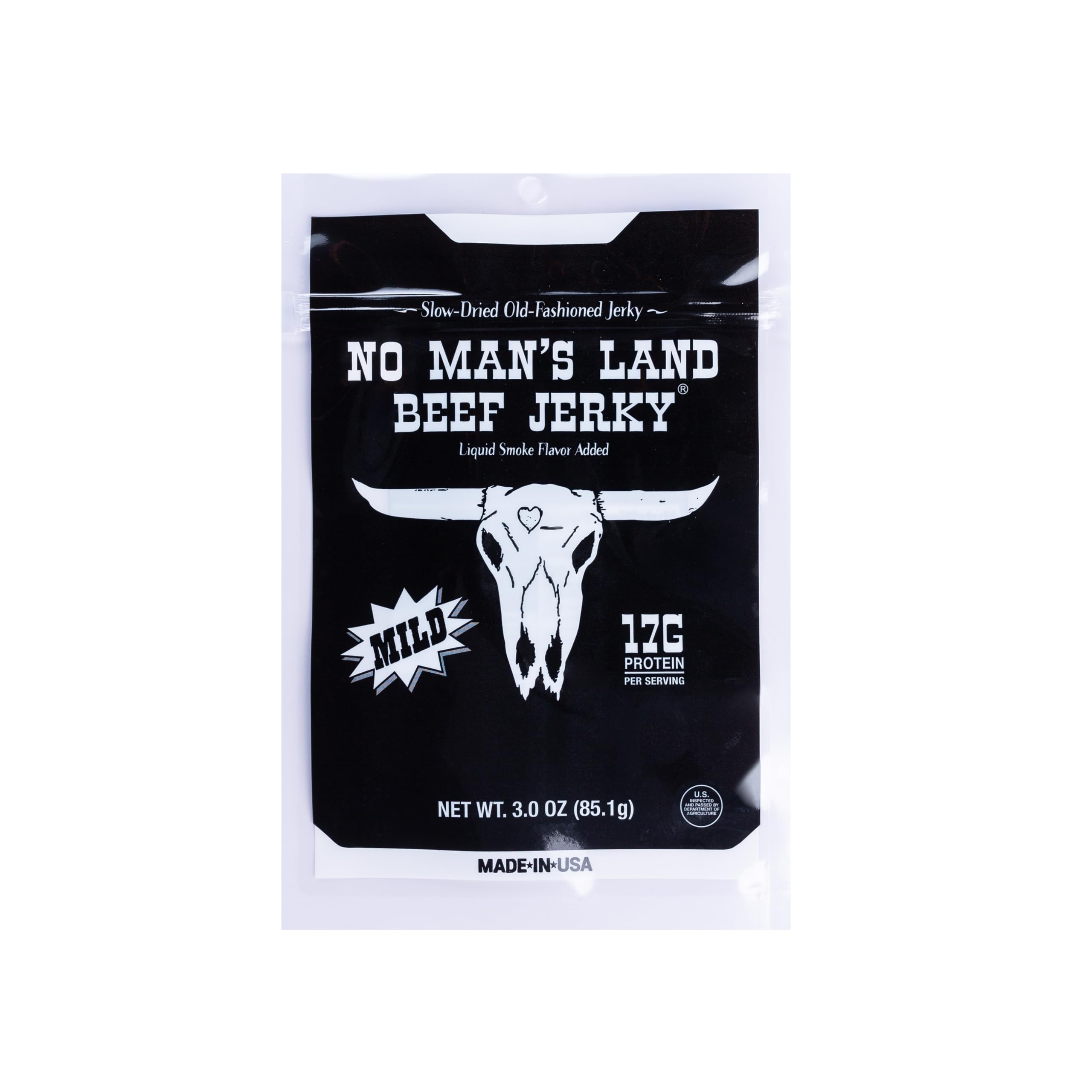 No Mans Land Slow-Dried Beef Jerky | Smoked & Seasoned Jerky Strips | High Protein, Low Carb, Low Calorie Beef Snack | Gluten Free - MILD 3oz Bag