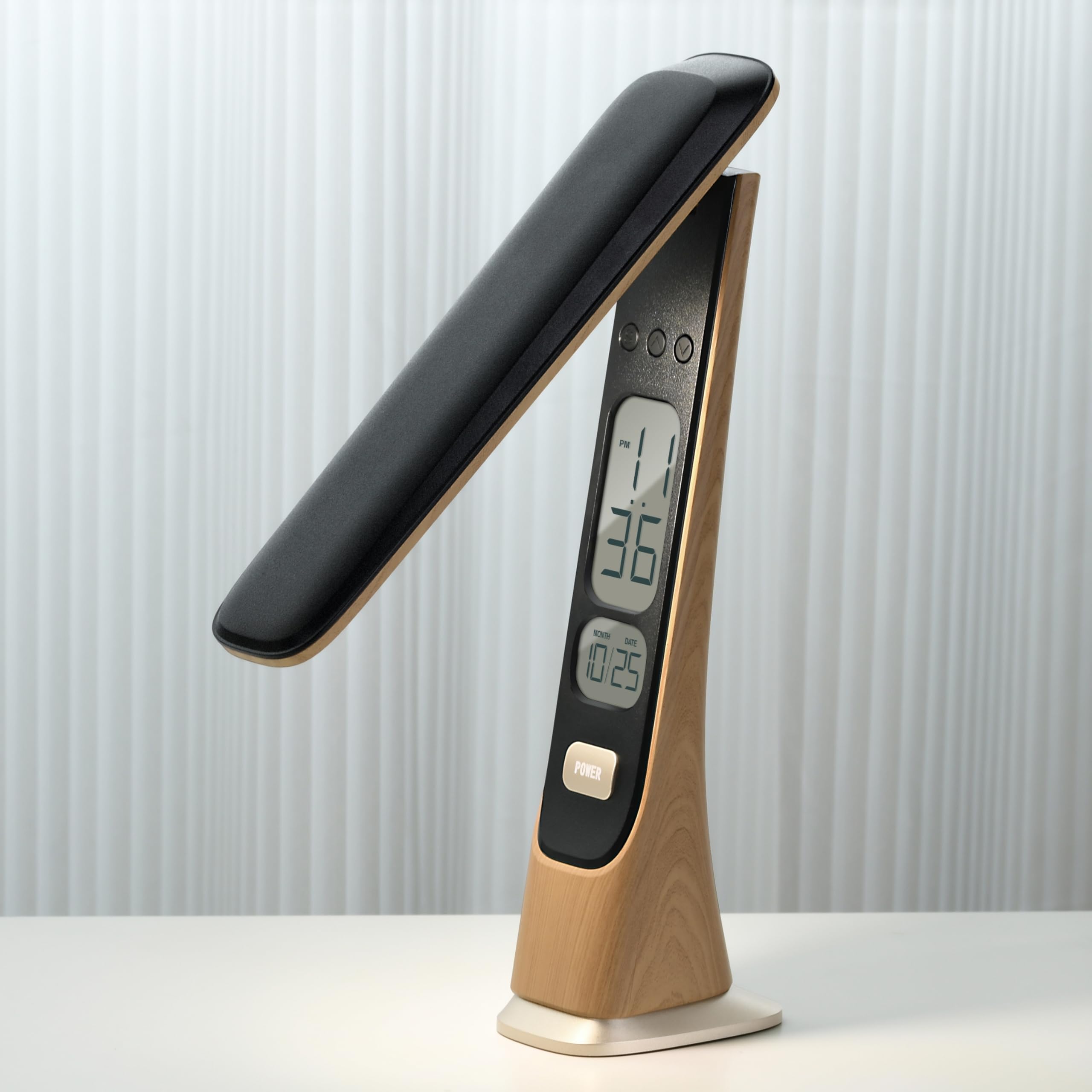 APM - Lámpara de escritorio LED inalámbrica recargable, reloj de mesa, botón táctil, brillo regulable, pantalla digital, ideal para el hogar, lectura, trabajo, madera, 425040