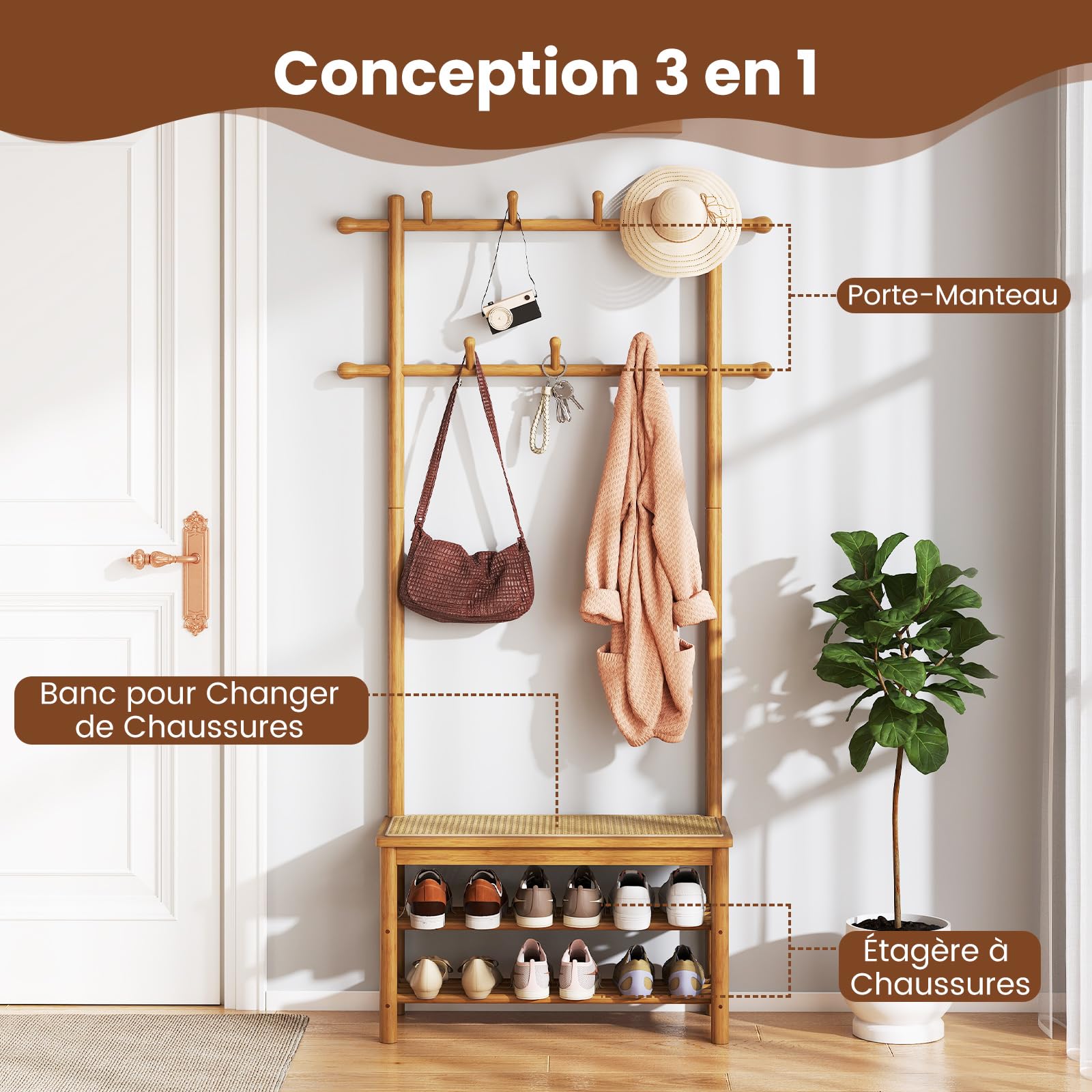 COSTWAY Porte Manteau avec Banc en Rotin PE, Vestiaire d'Entrée Bambou, Banc Chaussures à 2 Niveaux, 13 Crochets, Hauteur 169,5 cm, Meuble Entree Design Boheme Cannage, pour Couloir, Chambre (Naturel)