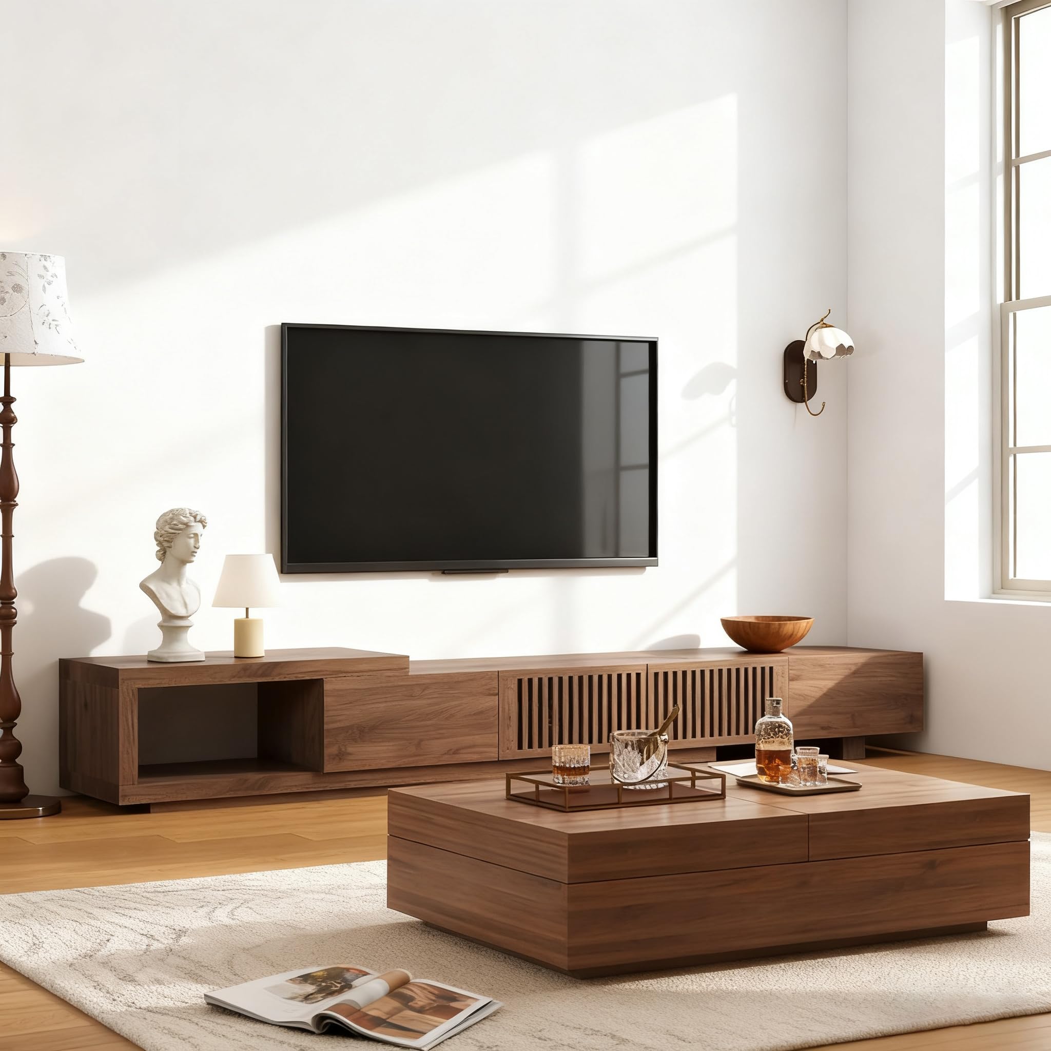 Mid-Century Modern Expandable Coffee Table & TV Stand Set, Walnut Finish – Elegant Storage Combo for Living Room, Bedroom, or Lounge (78.54“ to 103" TV Stand+Co