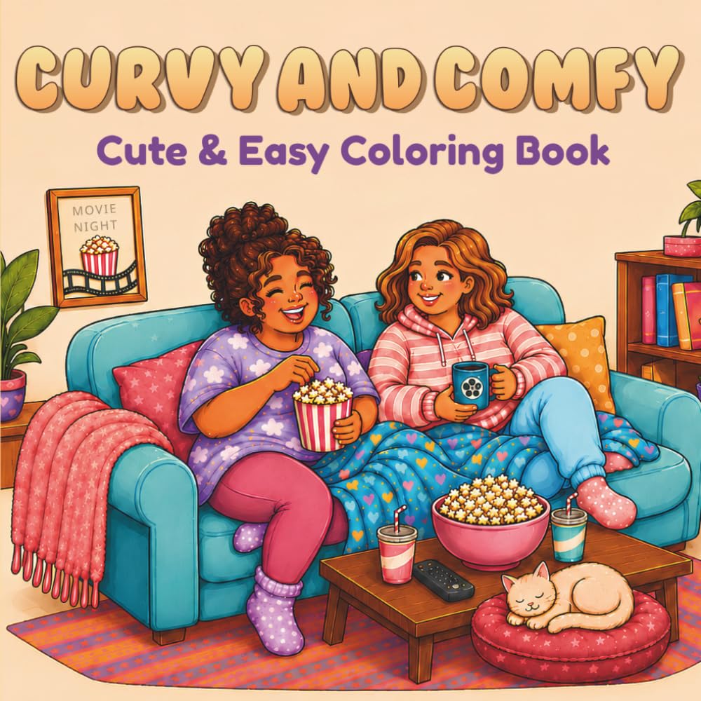 Curvy and Comfy Coloring Book: Cute and Easy Body Positive Coloring Pages for Adults and Teens Featuring Self-Love, Friendship and Cozy Moments