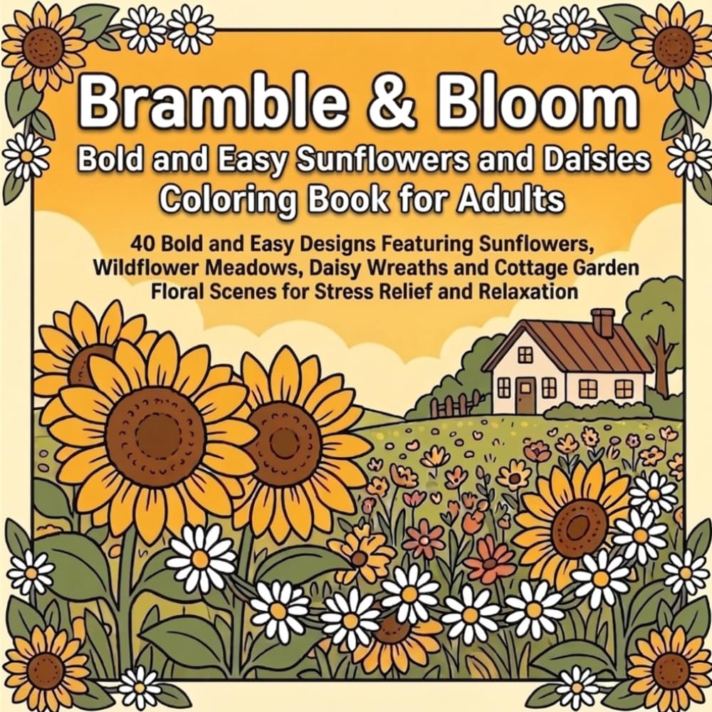 Bramble & Bloom: Bold and Easy Sunflowers and Daisies Coloring Book for Adults: 40 Bold and Easy Designs Featuring Sunflowers, Wildflower Meadows, ... Scenes for Stress Relief and Relaxation
