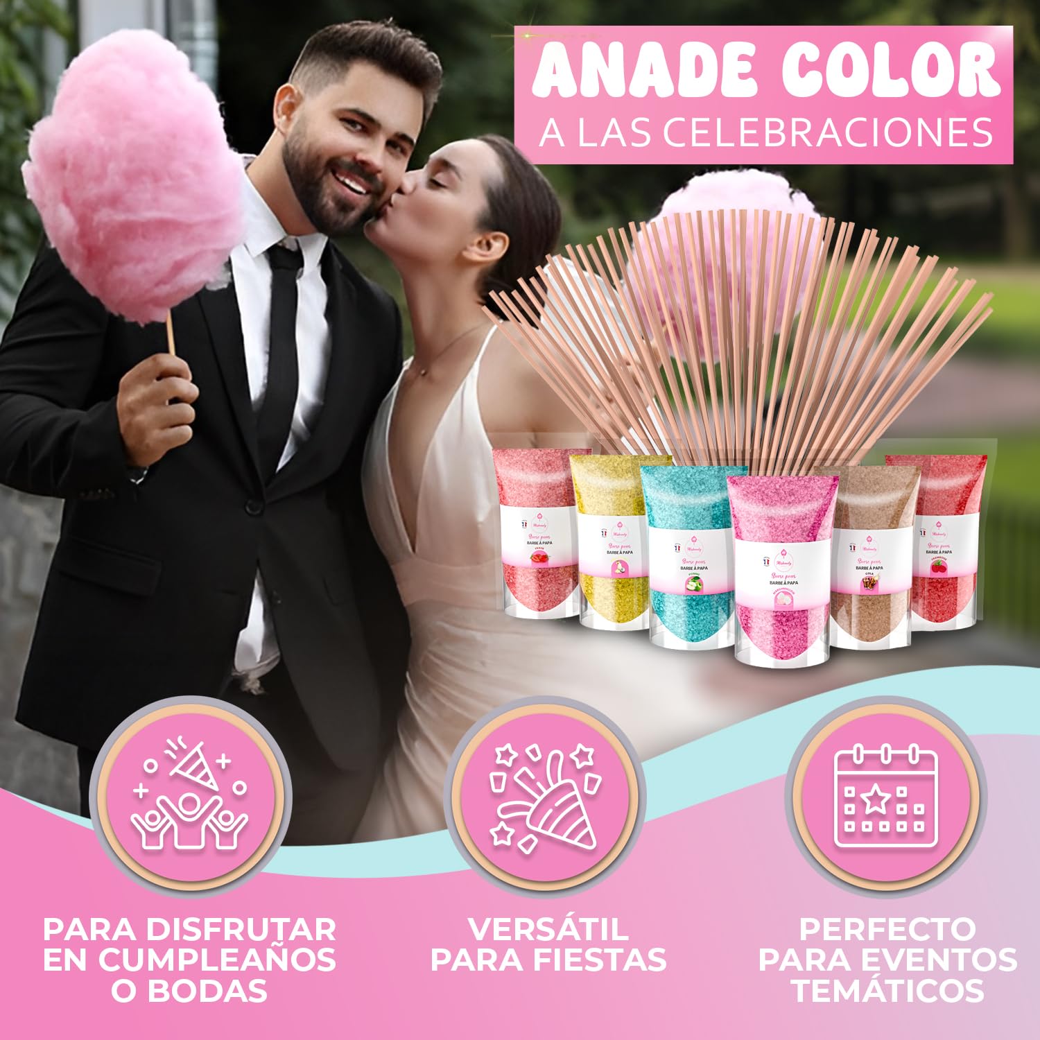 Misskandy, algodón de azúcar para la máquina (6 * 160 Gr) / sabores:fresa,pina colada, manzana, malvavisco, cola, frambuesa + 20 barritas de (30 cm)
