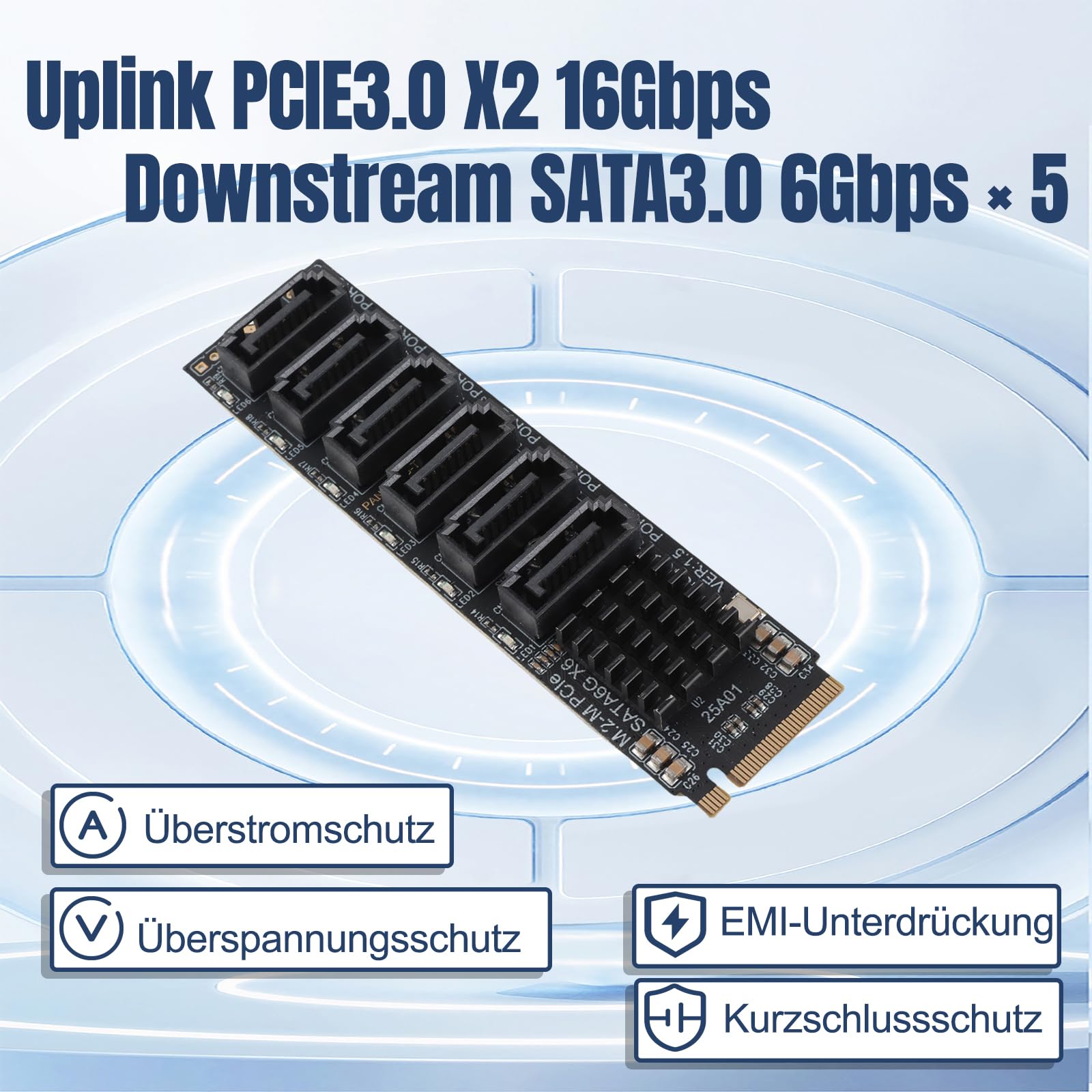 Adattatore M.2 SATA, Scheda di Espansione da M.2 a SATA3.0, 6 Porte SATA 3.0 Scheda Riser Fino a 16Gbps, Scheda Convertitore Disco Rigido di Espansione Disco Rigido a 6 Porte per,