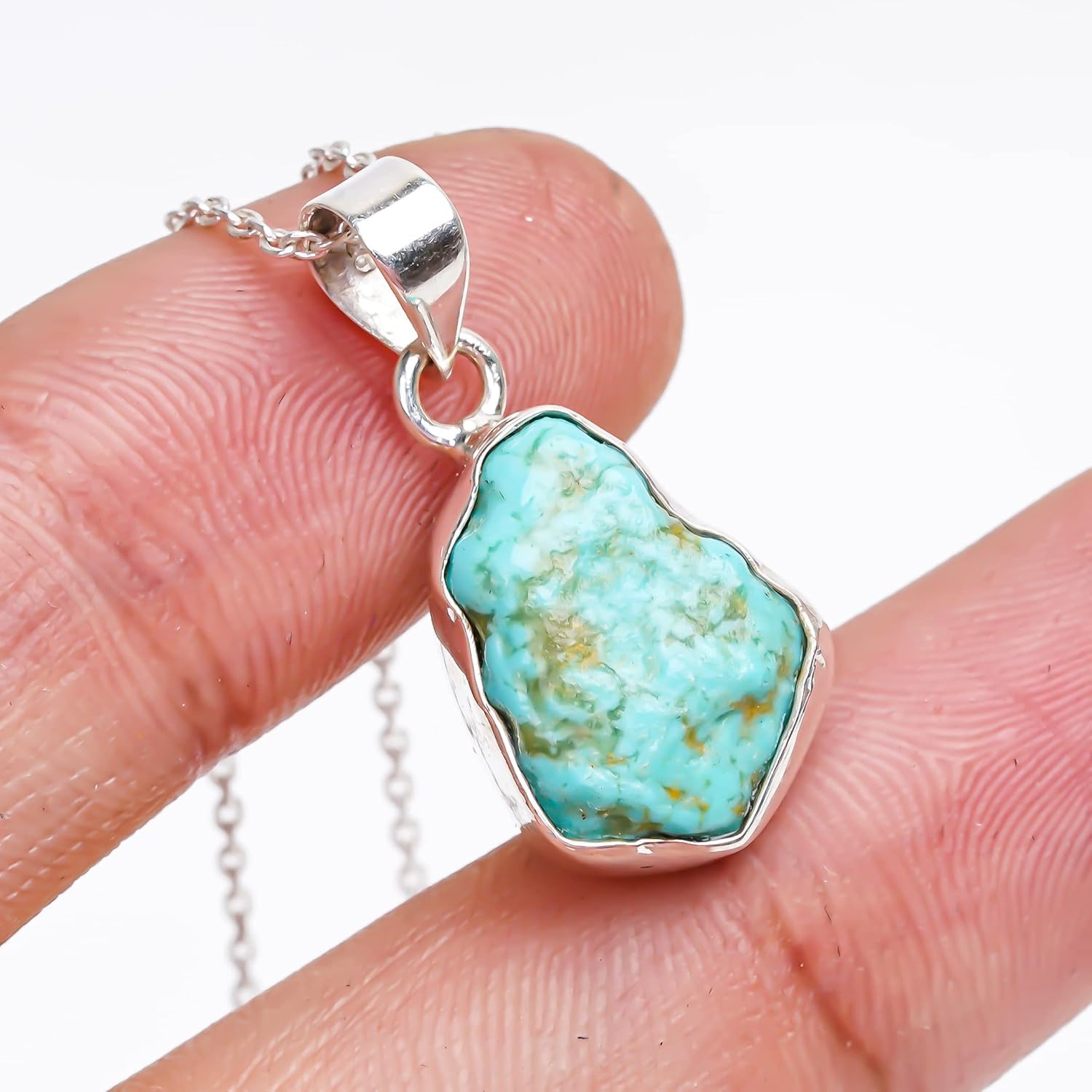 Natural Real Blue Raw Turquoise Crystals Bezel Pendant Necklace, Healing Rough Gemstone, Jewelry, 925 Sterling Silver Jewelry 18 inch
