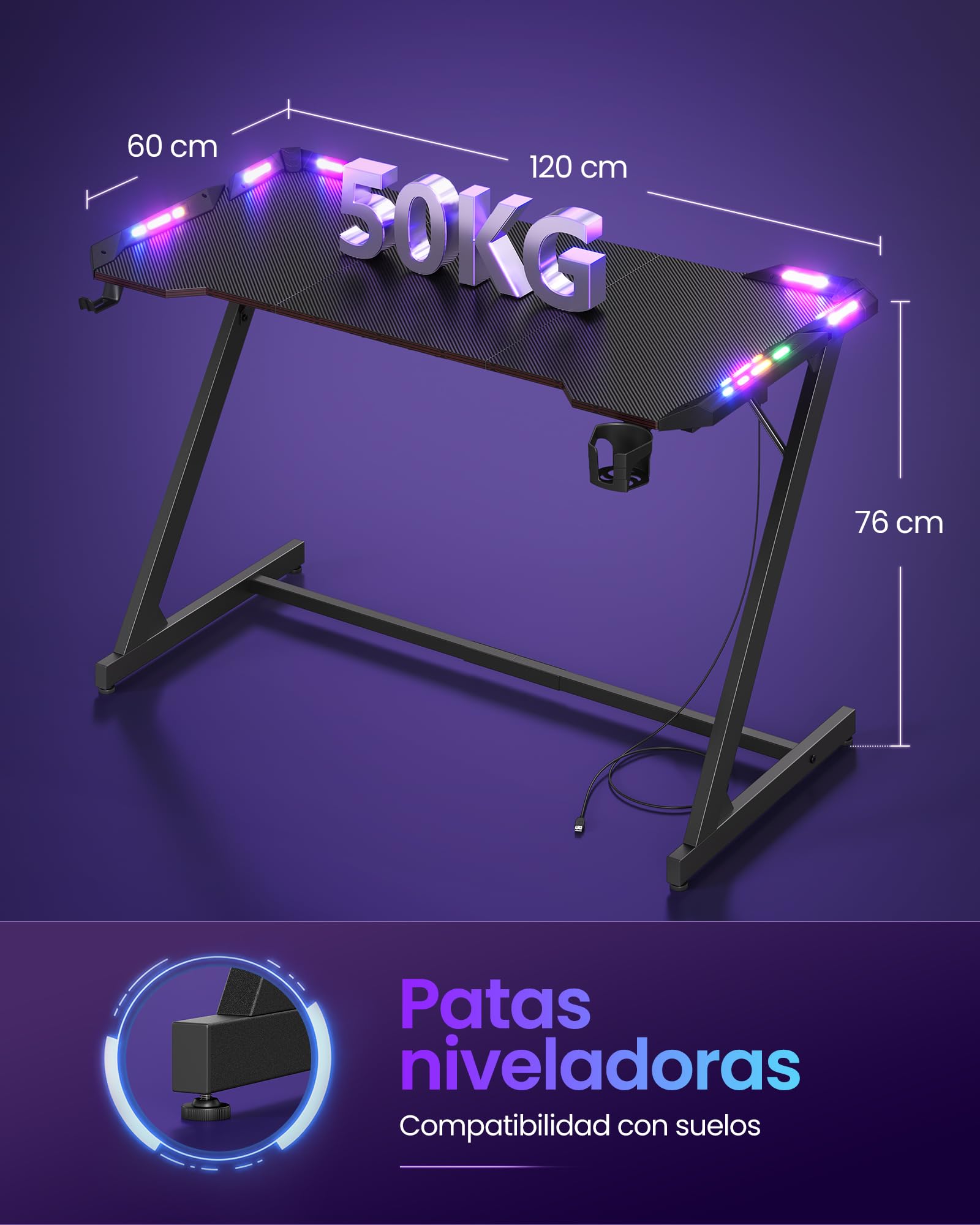 VASAGLE Escritorio Ordenador con Luces LED, 120 x 60 x 76 cm
