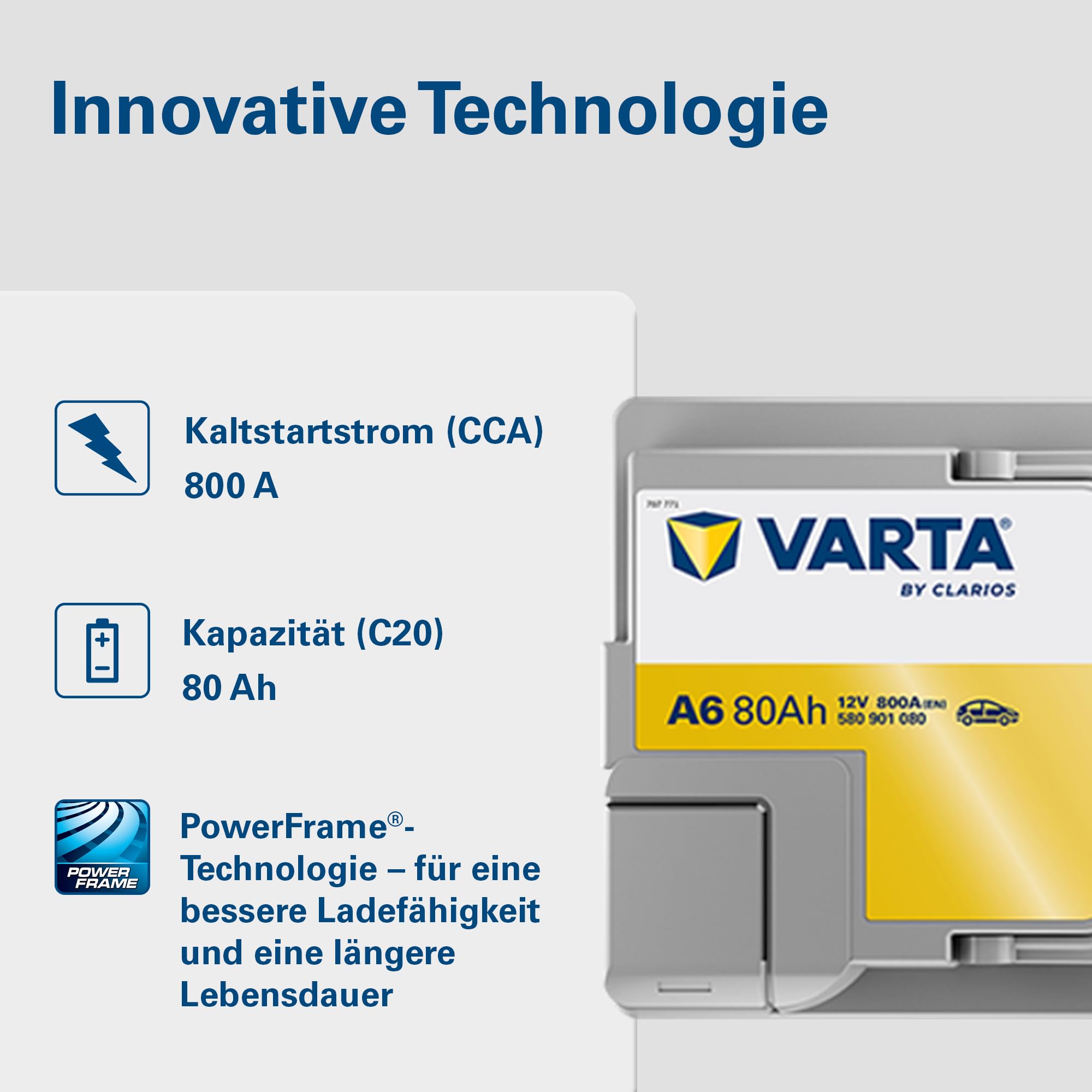 VARTA Automotive DYNAMIC AGM (A6) 12V 80Ah 800A - Nassbatterie für Start-Stopp Systeme und xEV - Starterbatterie für Autos mit höherem Energiebedarf - Wartungsfreie Bleisäurebatterie
