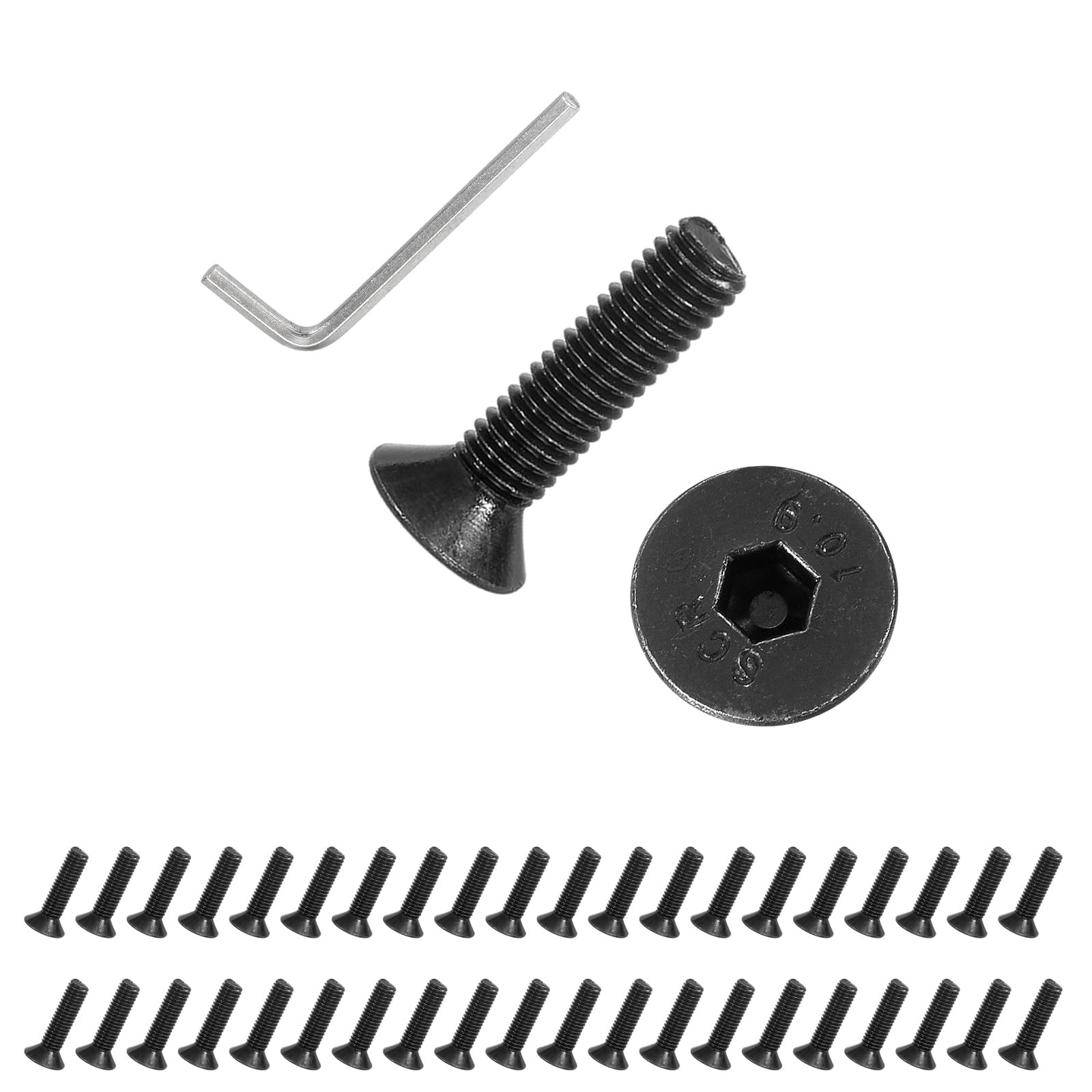 PATIKIL M5x20 mm Flat Head Socket Cap Screws, 50 Pcs Carbon Steel Flat Countersunk Bolts Hex Socket Drive Machine Screws Full Thread Grade 10.9 with Hex Spanner, Black