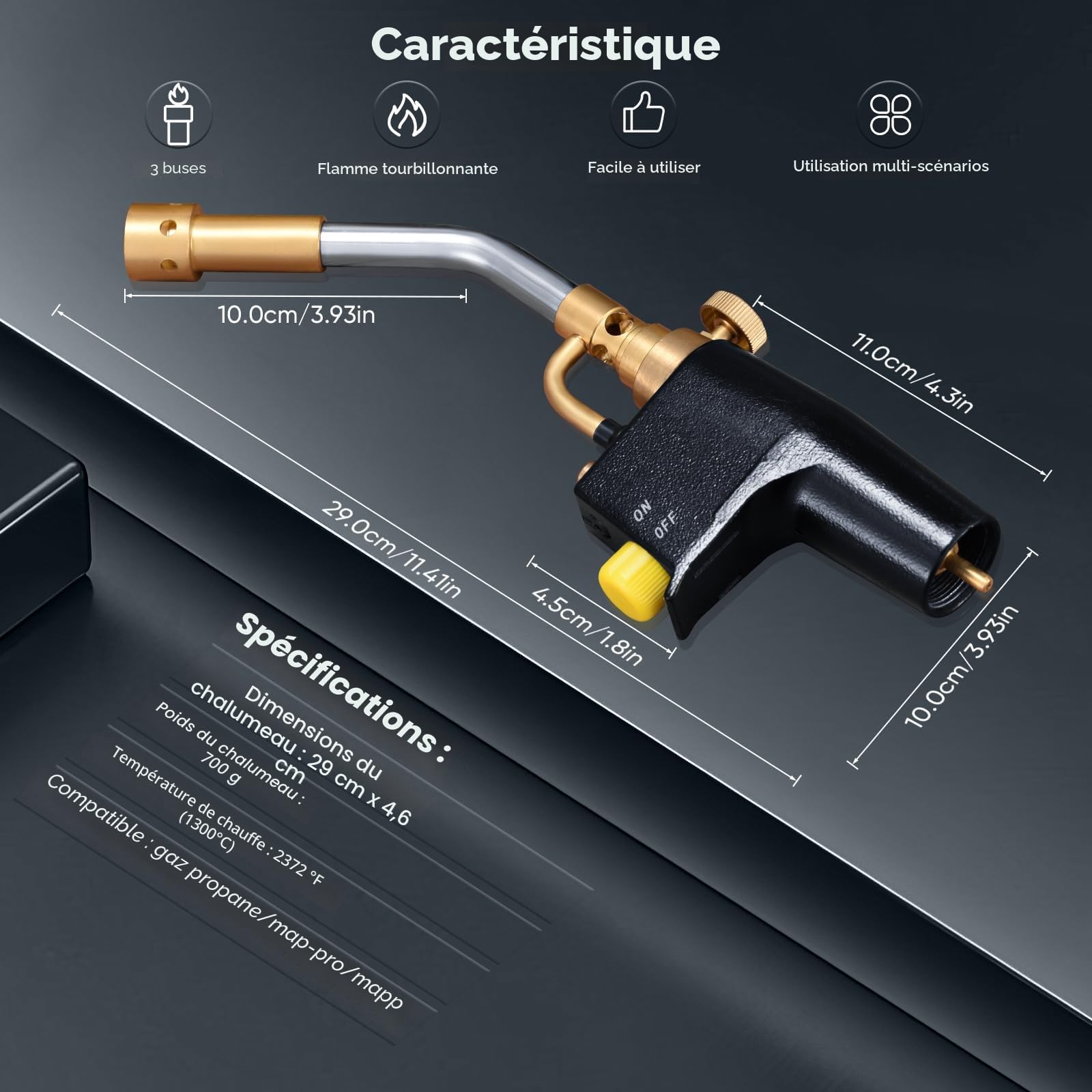Kit de torche au propane haute intensité GJ-8000 Torche à gaz MAPP avec allumage automatique et bouton en laiton Torche de soudage avec 3 buses pour MAPP CGA600 connexion filetée