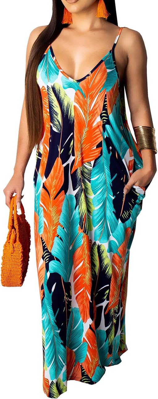 Womens Plus-Size Summer Bohemian Beach Sundress Spaghetti Strap Loose Long Maxi Dresses with Pockets