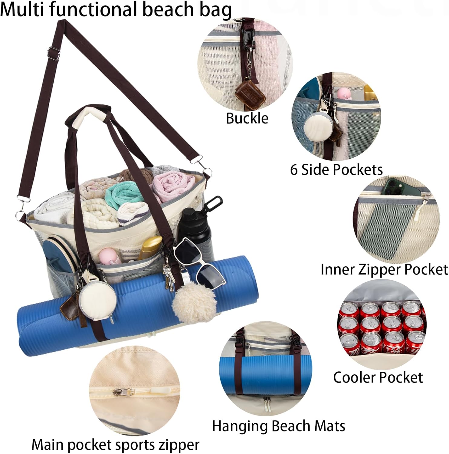 Mesh Beach Bag with Cooler Large Travel Family Vacation Essentials Pool Swimming Zipper Pocket Durable 9 Pockets - Image 6