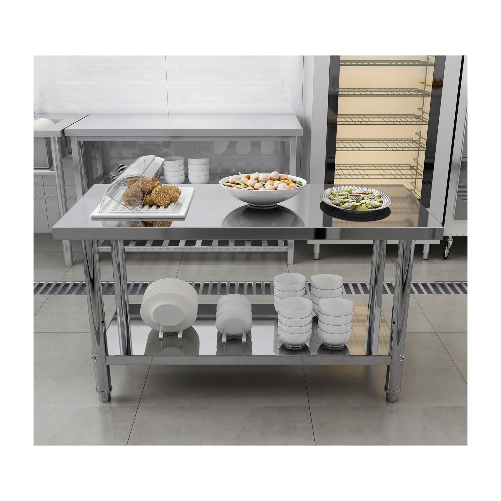 kitchen prep table, Kitchen Catering Commercial Table ，Double-Layer Design, Reinforced Crossbeam, Adjustable Legs(120 * 40 * 80cm/47.2 * 15.7 * 31.5in)