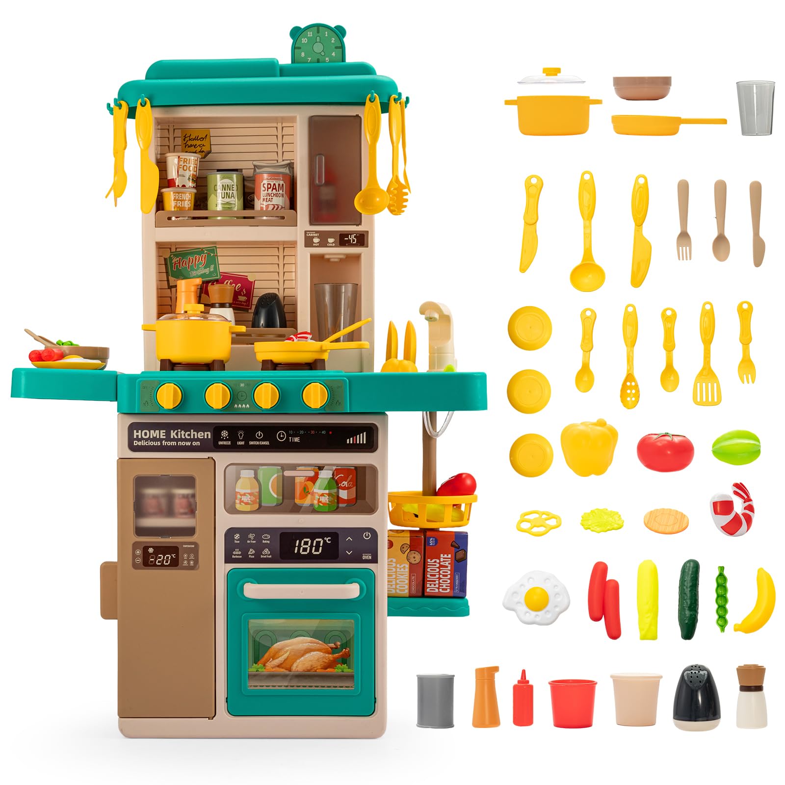 Kitchen Playset Toy Classic Pretend Play Kitchen Set with Cooking Plate Accessories for Kids Pretend Role Play Toys with Lots of Kitchen Accessories for Toddlers (Turquoise)