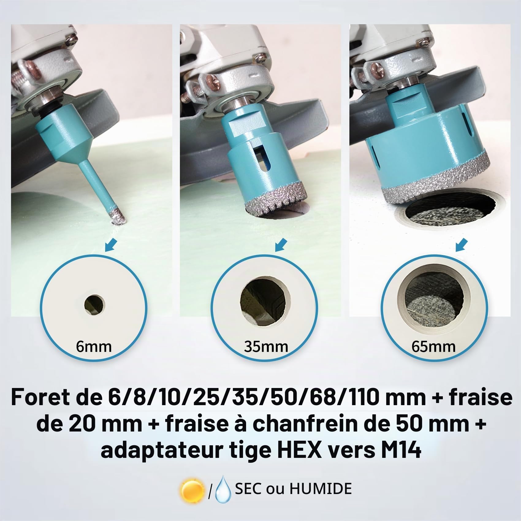 Foret diamant kit 11 pièces (6/8/10/25/35/50/68/110mm+ Mèche fraiser 20mm + Mèche chanfreiner 50mm + adaptateur queue hexagonale) - JeeynoTols trou pour carrelage avec filetage M14.