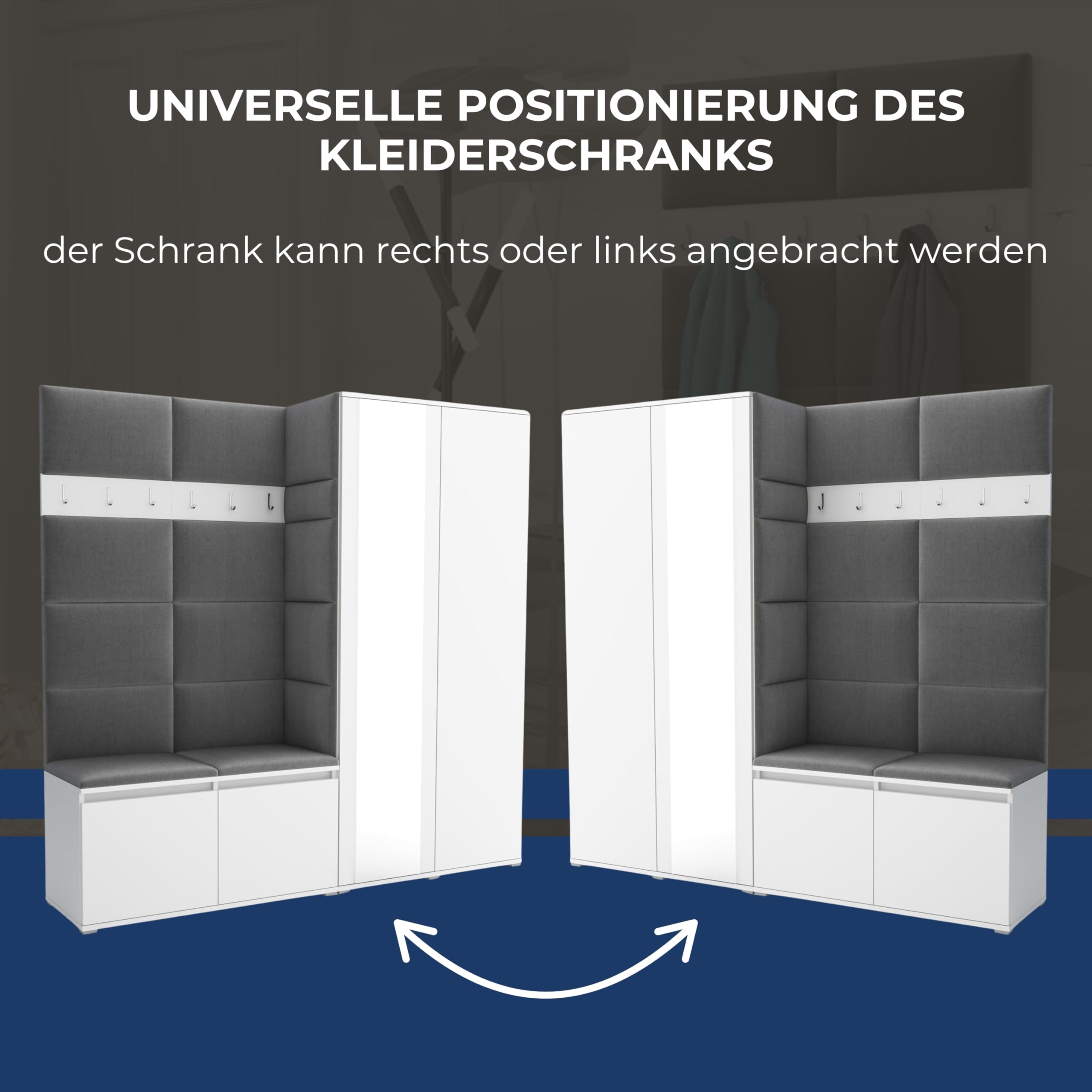 Brent Flurgarderobe Luton 4 Set: Schuhbank mit Sitzfläche, Garderobenpaneel, Garderobe mit Spiegel, Grau + Schwarz