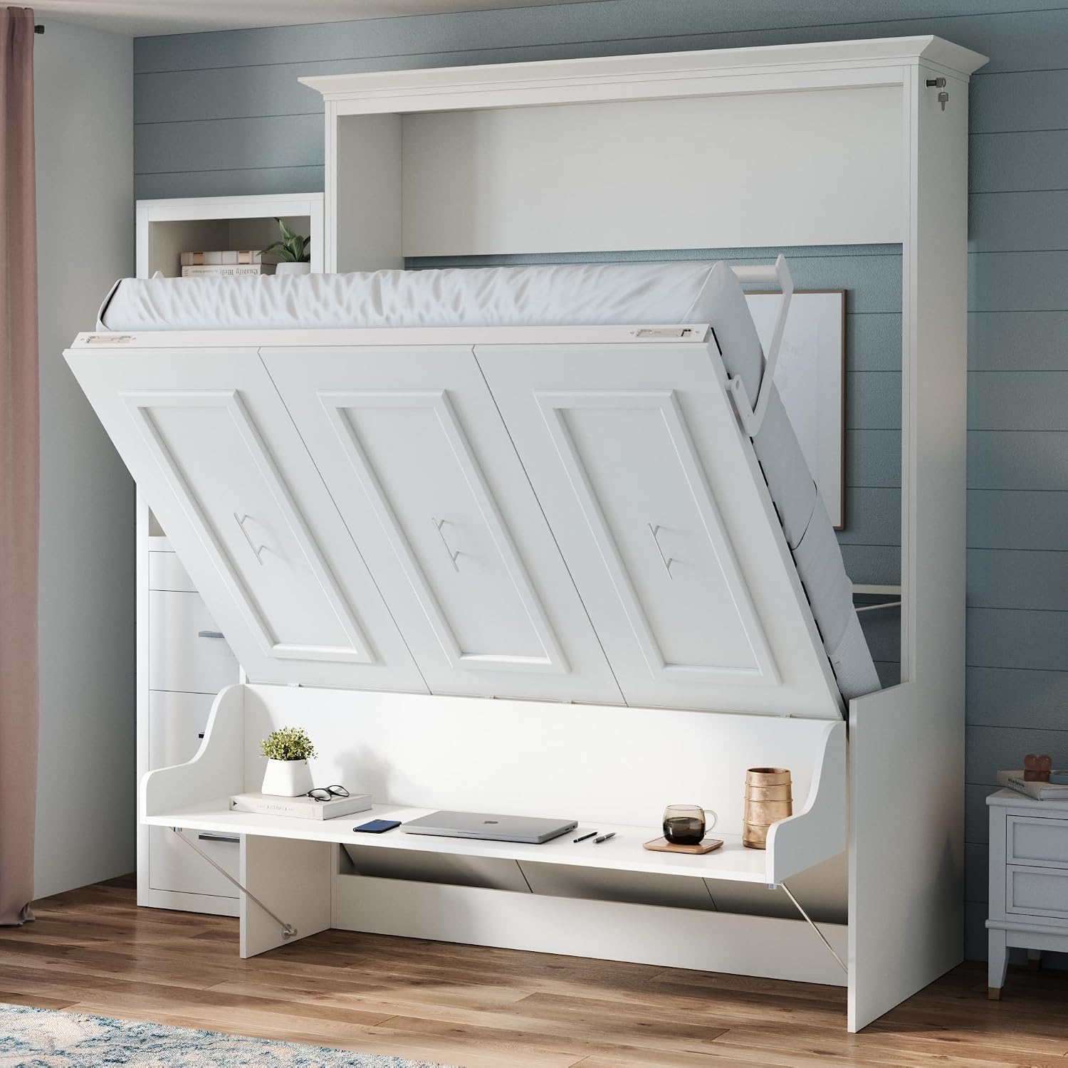 Xtraroom Alegra Full Murphy Bed with Desk and 1 Storage Cabinet | Engineered and Solid Wood Construction - No Melamine Used | Smooth Painted Finish | Queen Size Murphy Desk Bed Combo (Warm White)