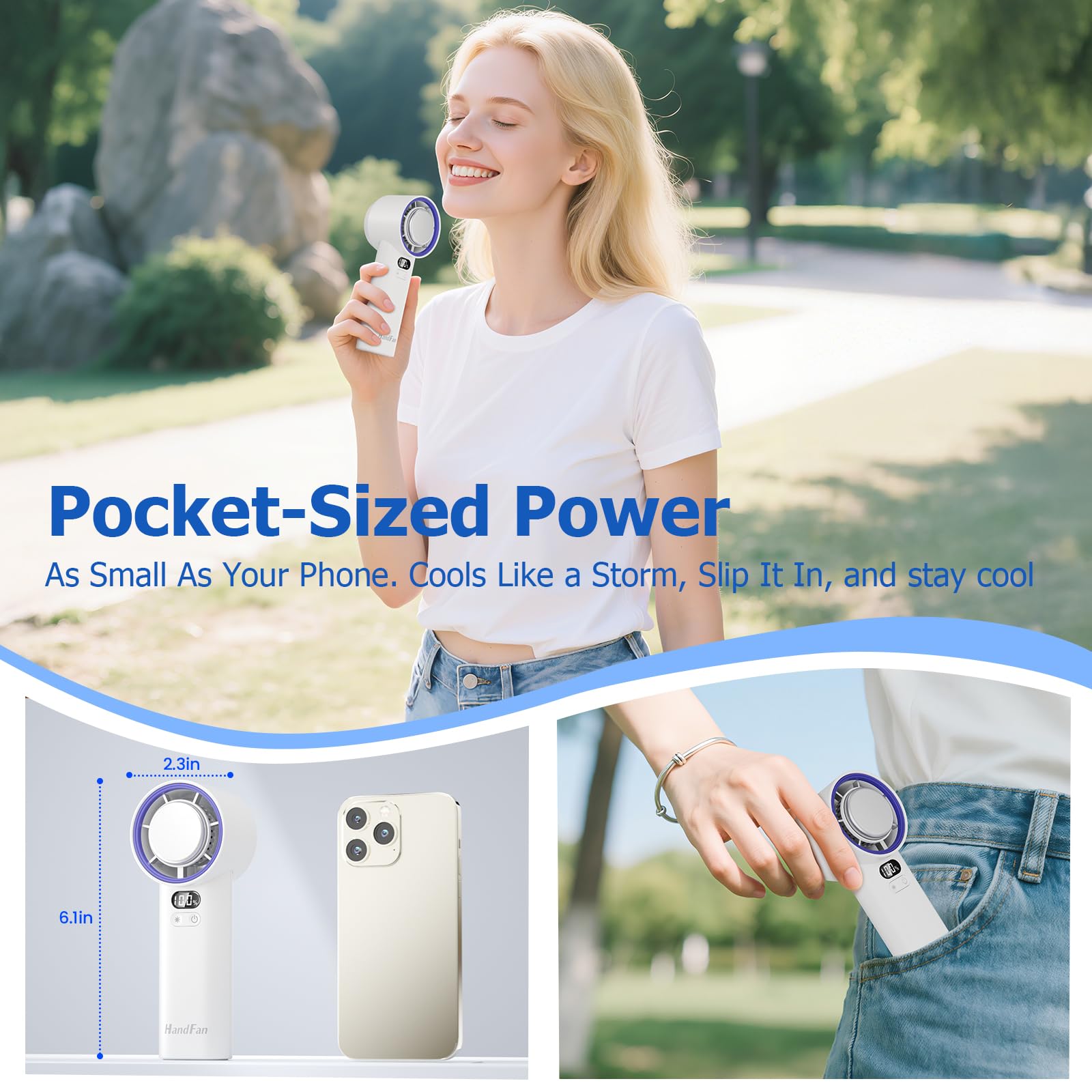 HandFan Ventola portatile turbo ad alta velocità da 5200 mAh, 13000 giri/min, mini ventilatore portatile AC, 100 velocità regolabili, display digitale, ricaricabile tramite USB, per viaggi, spiaggia,