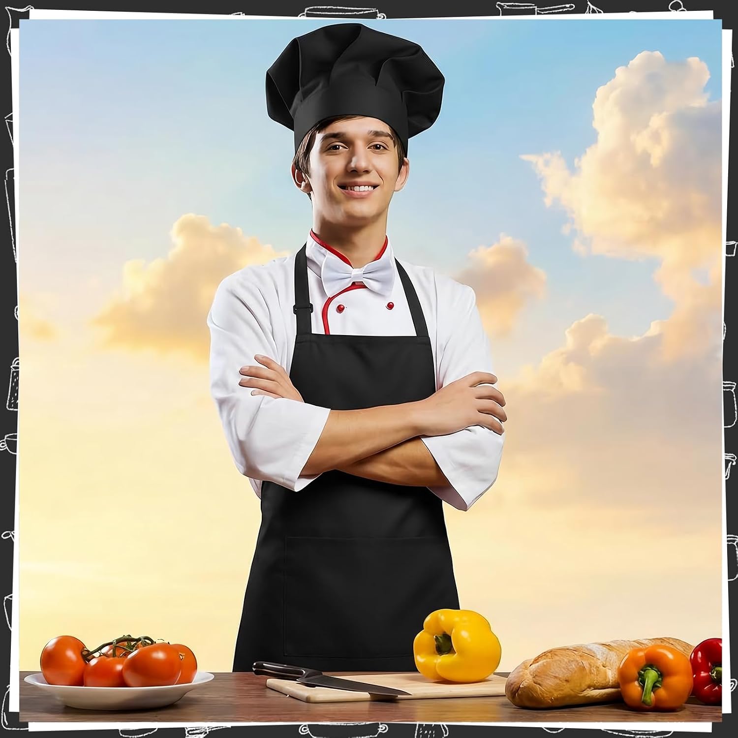 Chef Apron and Hat Adjustable Kitchen Cooking Apron with Bow Tie