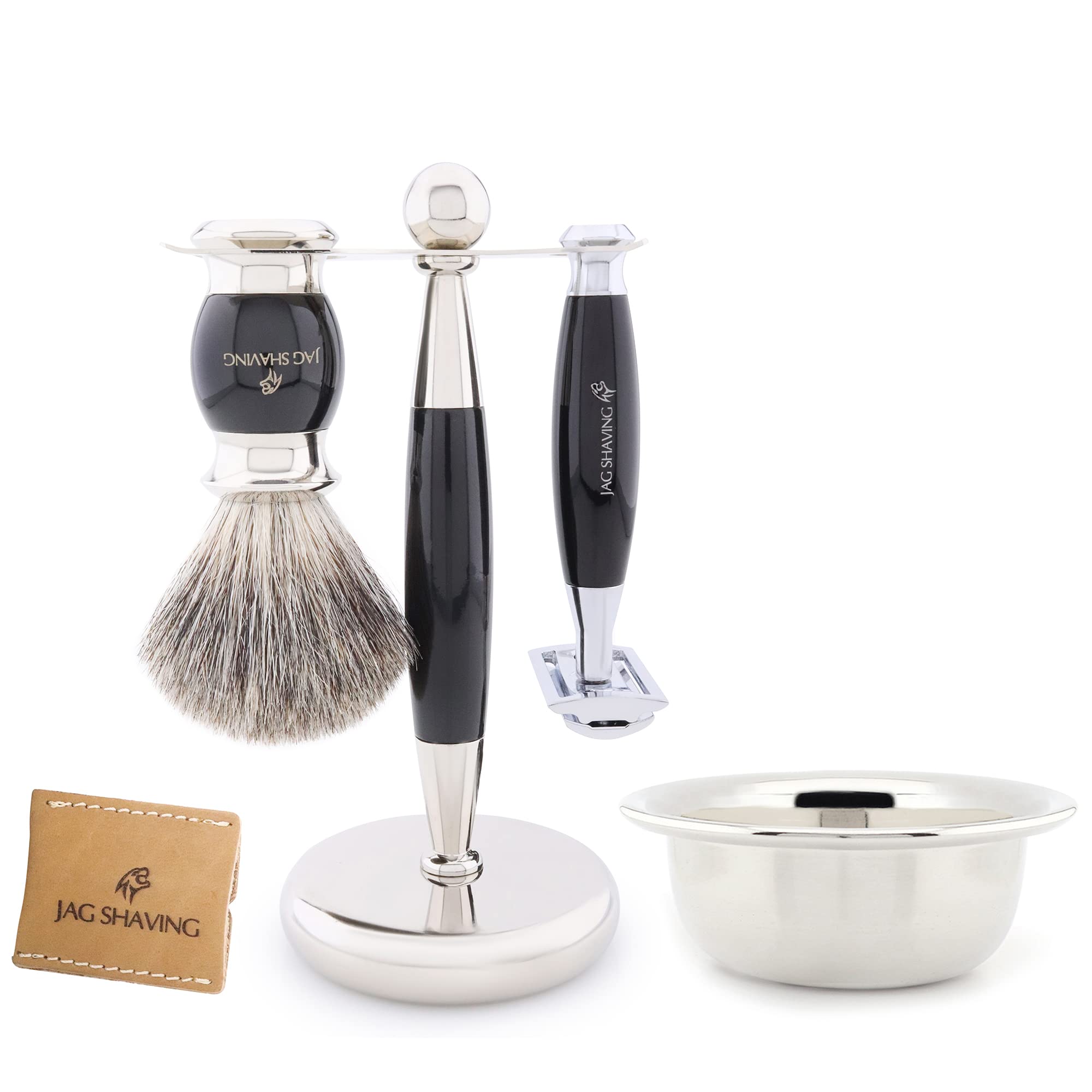 Jag Shaving Zestaw do golenia – 5-częściowy zestaw do golenia – JAG's LEE Range – pędzel do golenia z włosia borsuczego – podwójne ostrza do golenia – miseczka do golenia – stojak na golenie – torba skórzana – czarna