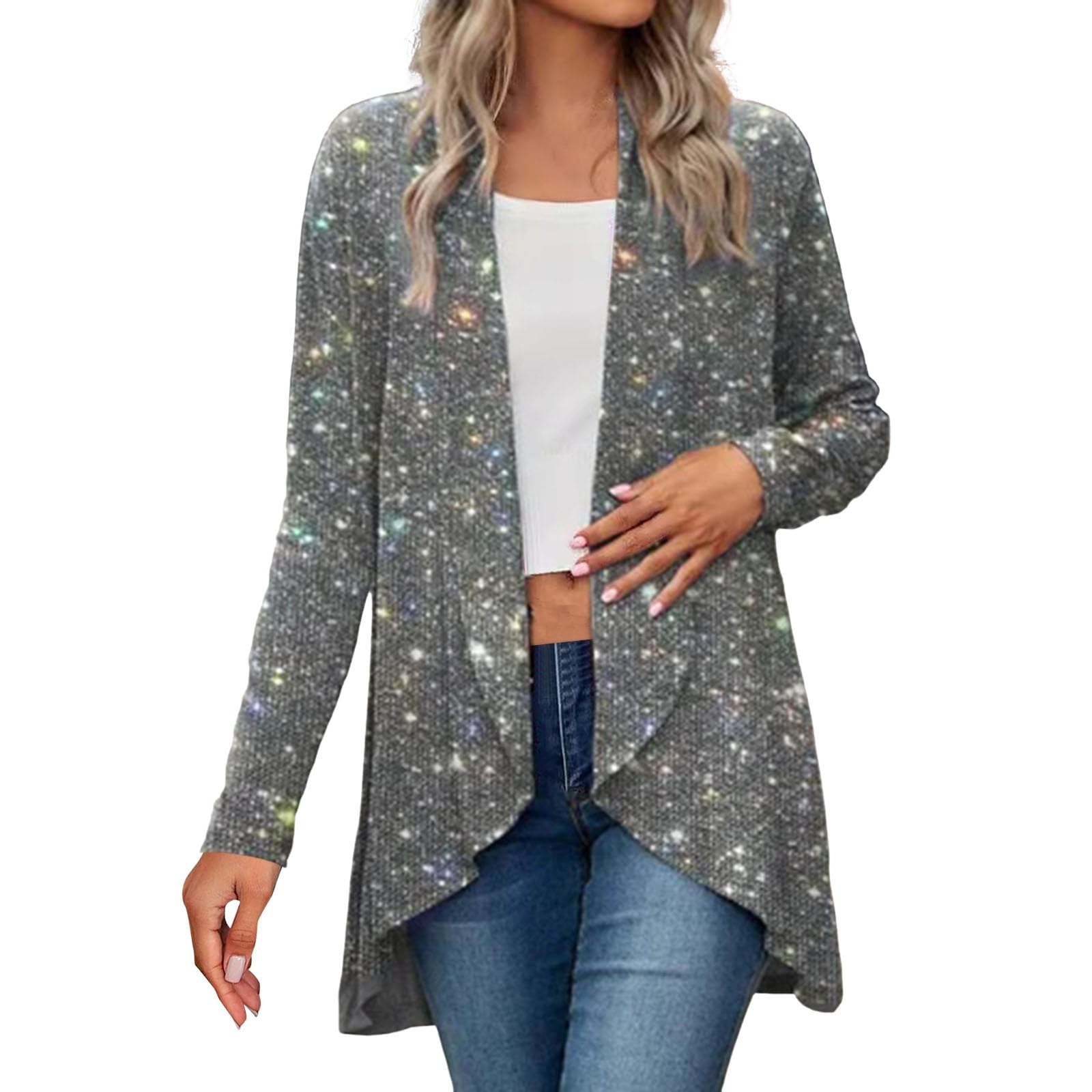 Womens Draped Cardigan Open Front Knit Top Asymmetrical Hem Sparkle Accents Elegant Cover for Business Casual Evening