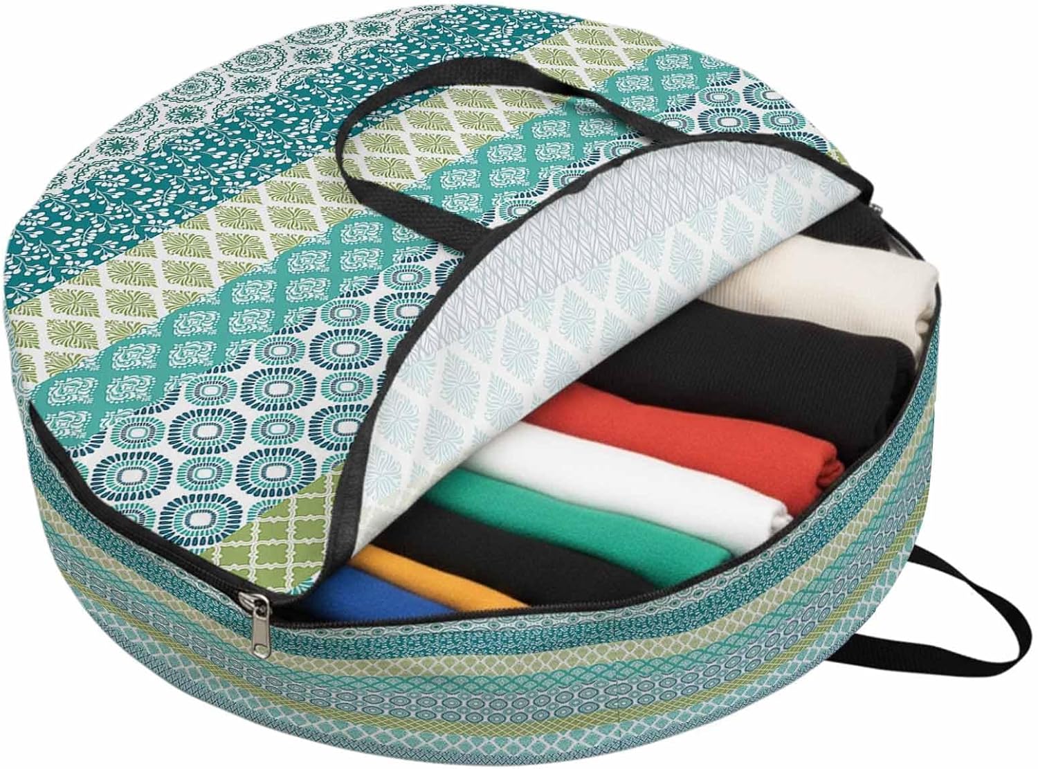 Geometric Bohemia Round Storage Bag 36 Inch, Stripes Green Blue and Turquoise Clothes Storage Container with Handles Heavy Duty Organizer for Comforter, Bedding & Holiday Wreaths