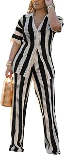 Fooullaide Crochet Set for Women Two Piece Outfit Knit Color Block Button Down Shirts Matching Long Pants Beach Set Price In India