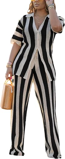 Fooullaide Crochet Set for Women Two Piece Outfit Knit Color Block Button Down Shirts Matching Long Pants Beach Set