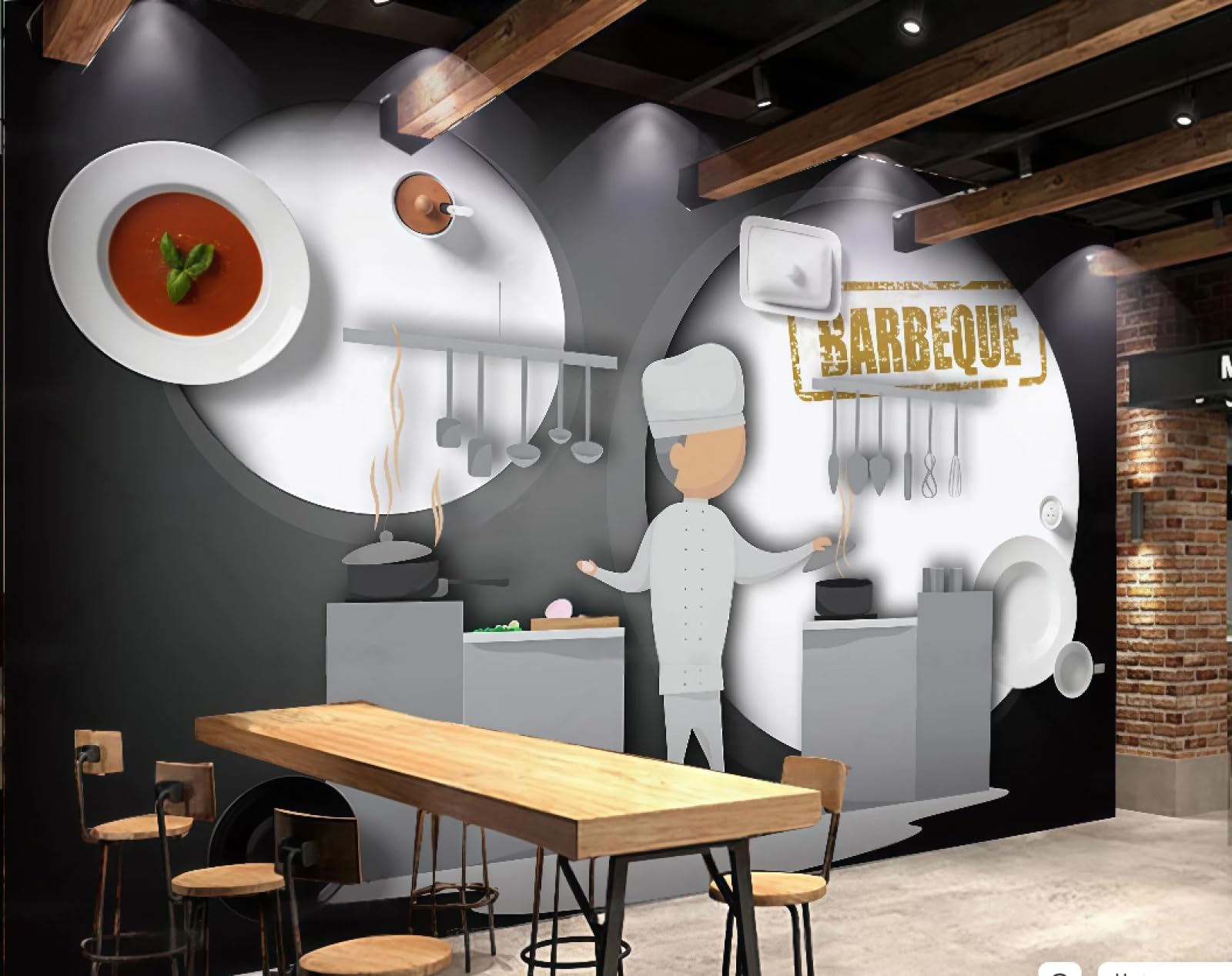 XDOUBAO Wallpaper Personalized Hand-Painted Barbecue Shop Noodle Shop Theme Afternoon Tea Western Restaurant Background Wall Wallpaper Coffee Shop Mural,3D,150x105cm
