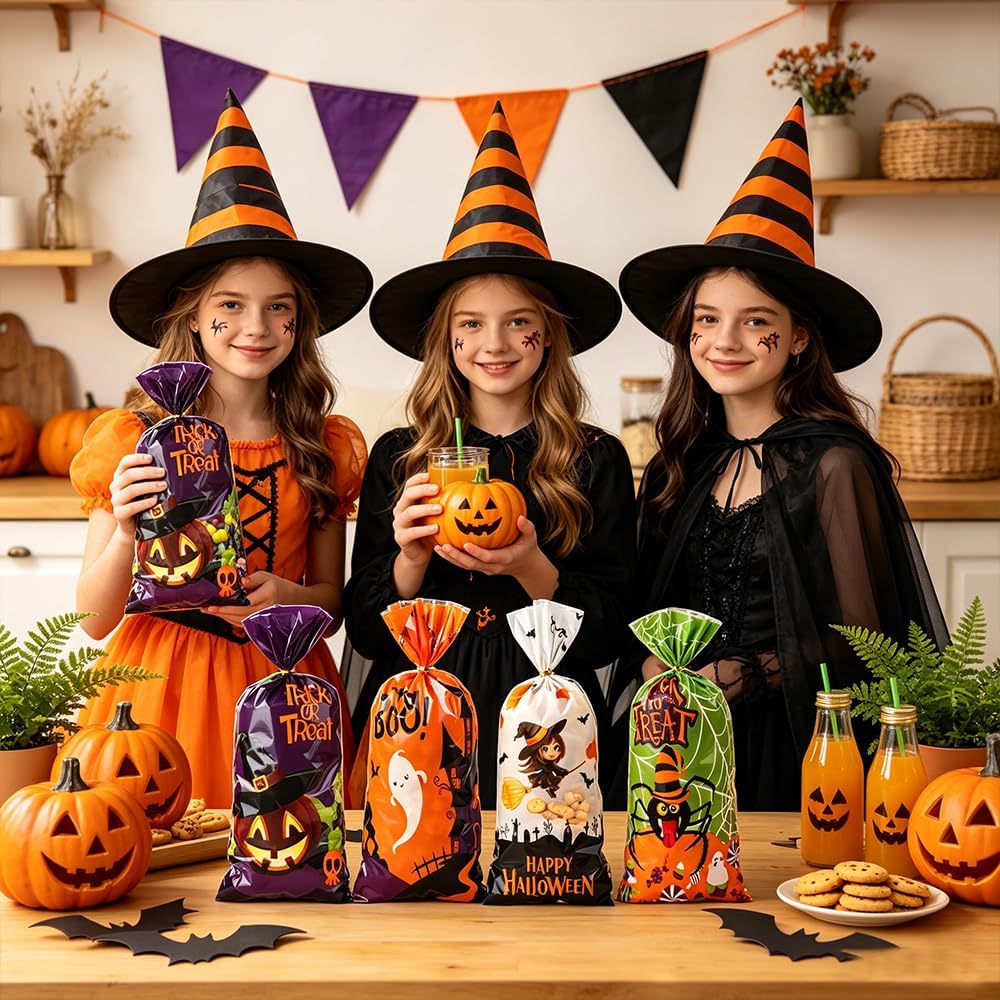 50 PCS Plastic Halloween Treat Bags(5x11 Inch) for Goodie Candy Goody Snack Gifts Wrap Cute Trick or Treat Bag for Kids Halloween Birthday Party Favors Supplies Decorations Table Decor Baggies Pouches image 5
