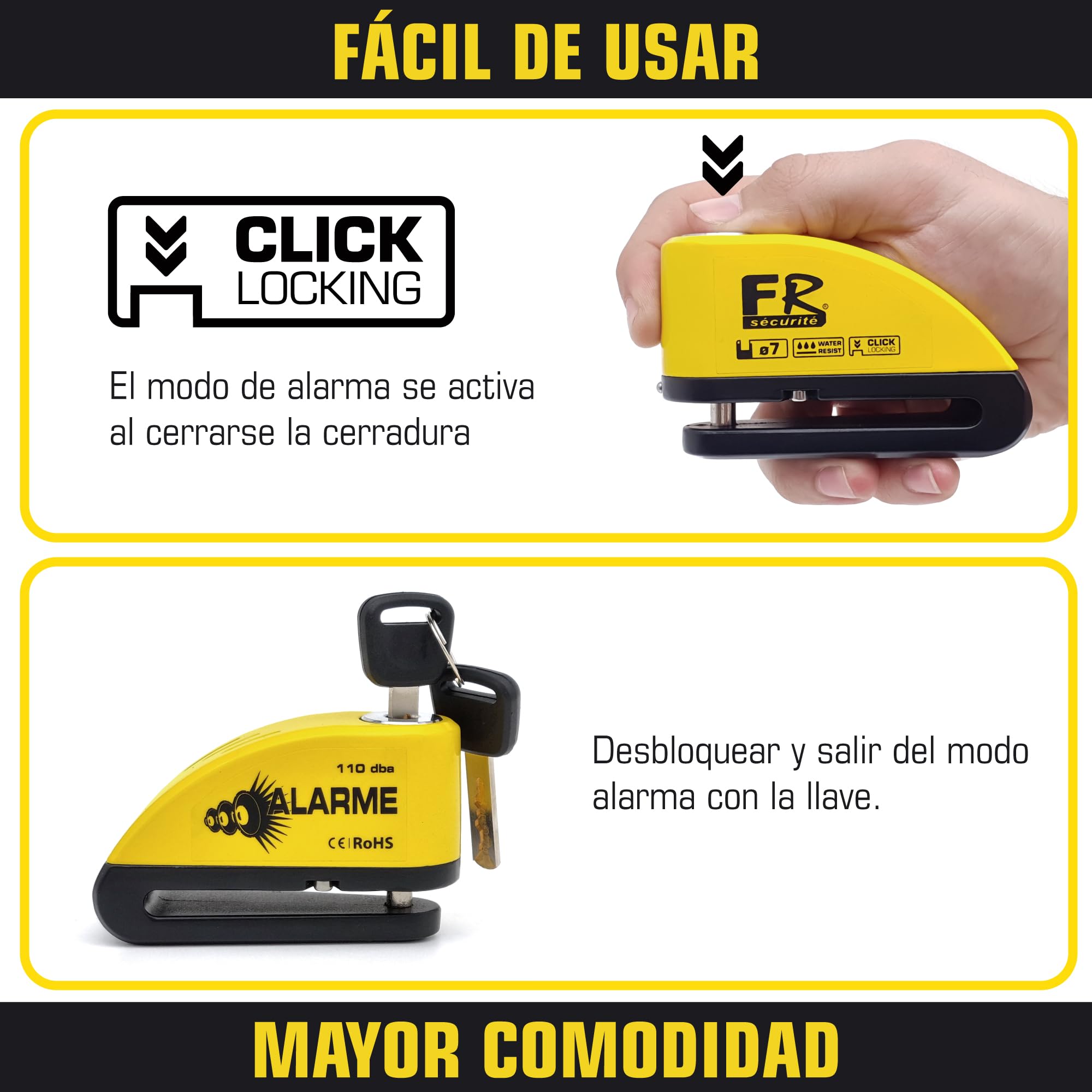 FR Sécurité FR7Y Candado Moto Disco con Alarma 110 DB, Antirrobo Moto Freno 7mm con Accesorios 1.5m Cable Recordatorio y Candado Bolsa, Pinza Moto Antirrobo para Motocicletas Bicicleta
