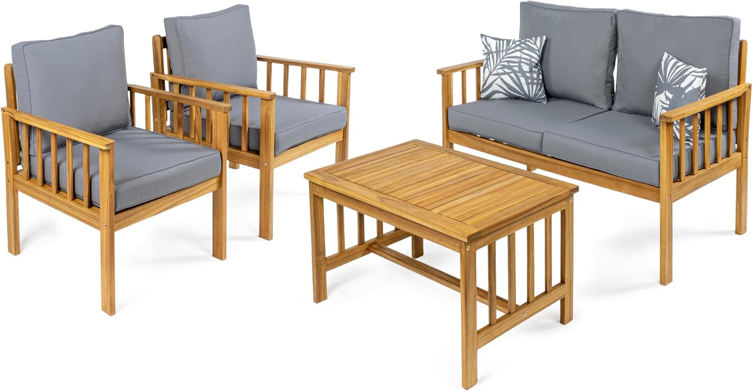 JONATHAN Y LVG1201B-4SET Everly 4-Piece Modern Cottage Acacia Wood Outdoor Patio Set with Cushions and Tropical Decorative Pillows Classic, Coastal, Traditional, Vintage, Mid-Century, Beige/Teak Brown
