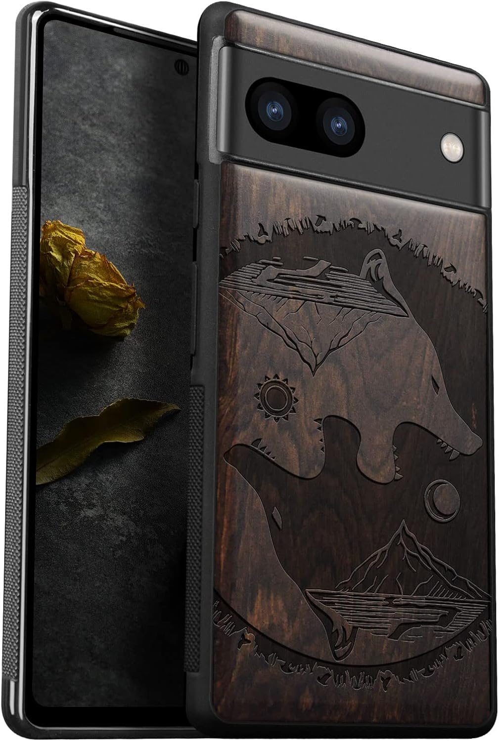 Carveit Wood Case for Pixel 7a Case [Natural Wood & Black Soft TPU] Shockproof Protective Unique & Classy Wooden Phone Cover Compatible with Google Pixel 7a (Mysterious Yinyang-Blackwood)
